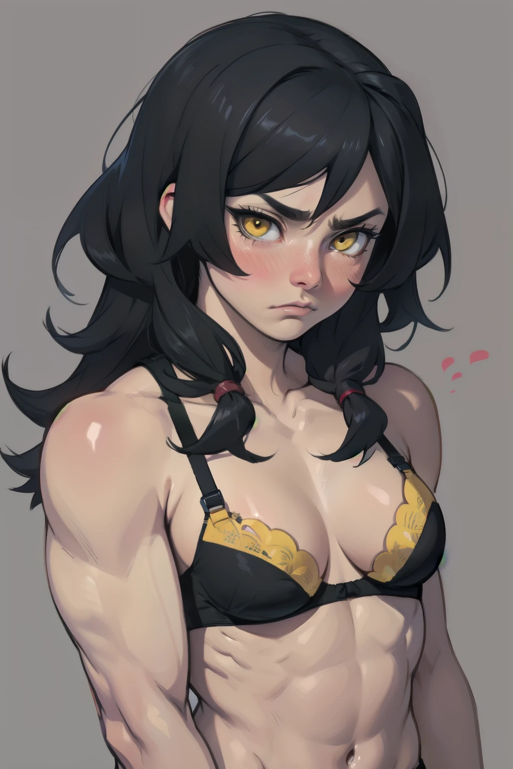 girl muscles small breasts pale skin black hair yellow eyes sad frown blush bra