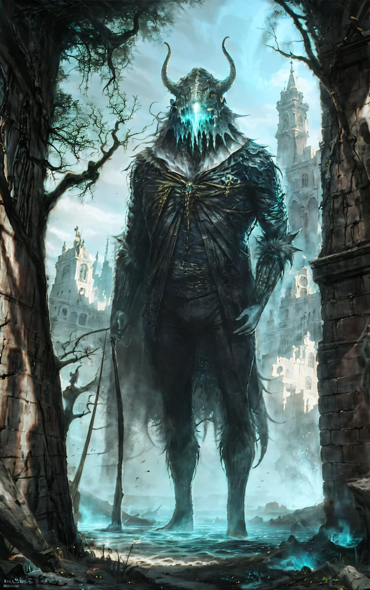 wendigo, warlock dnd's patron, undead king, blue eyes glowing, dark Woods, cold gray colors, Skeleton army in background