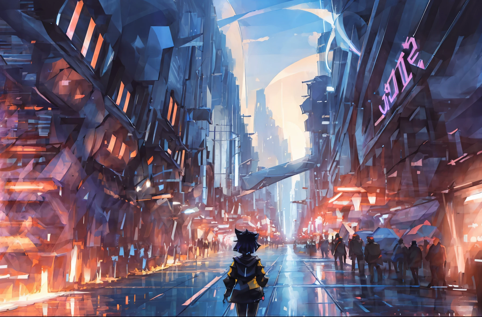 (realista:1.5) EdobSyFyCityLandscape, Luces de la ciudad, luna, oscuro, day, firma, holograma, caminando, chaqueta, luz de sol, varios chicos,
