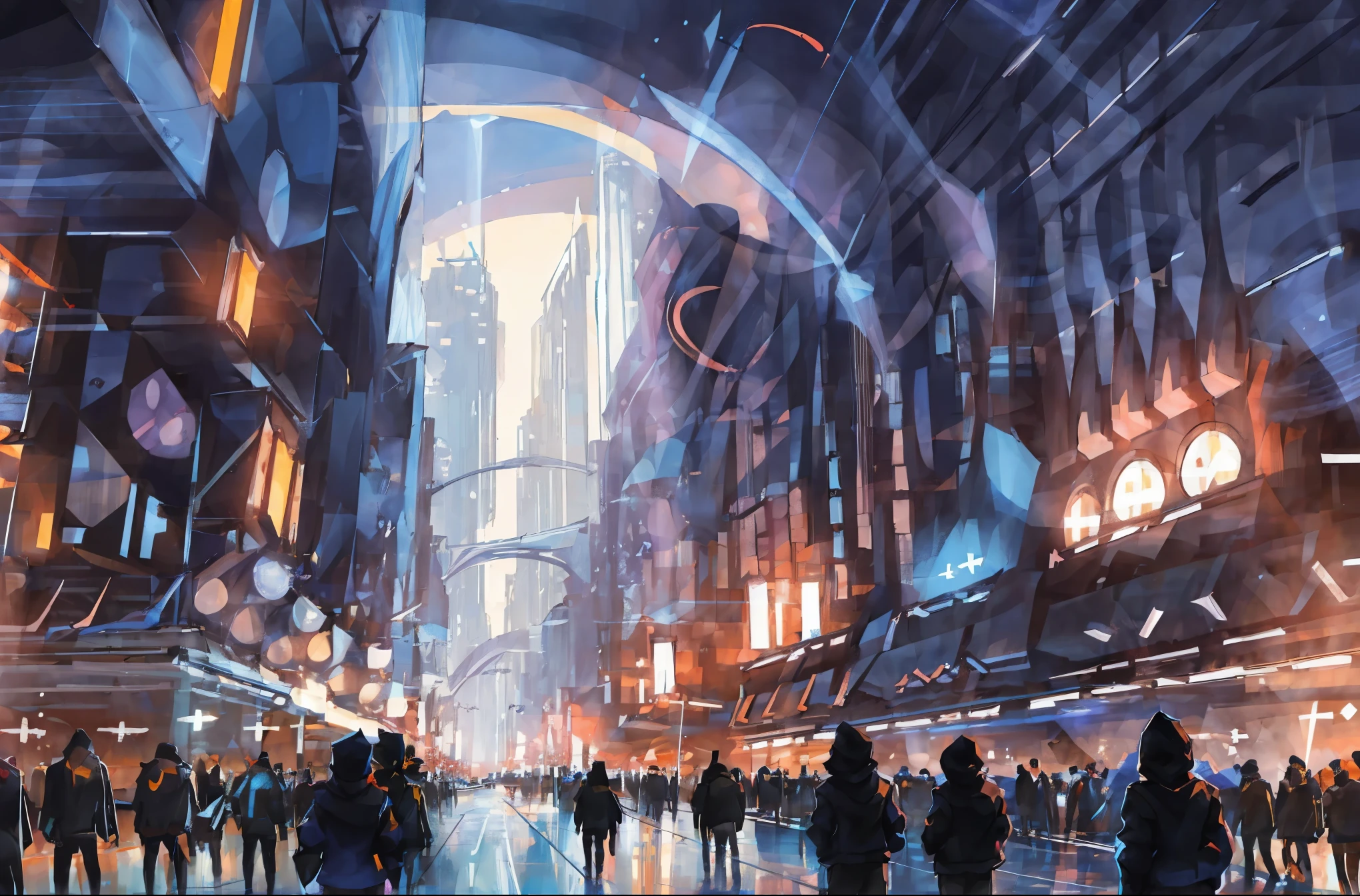(realista:1.5) EdobSyFyCityLandscape, Luces de la ciudad, luna, oscuro, day, firma, holograma, caminando, chaqueta, luz de sol, varios chicos, 