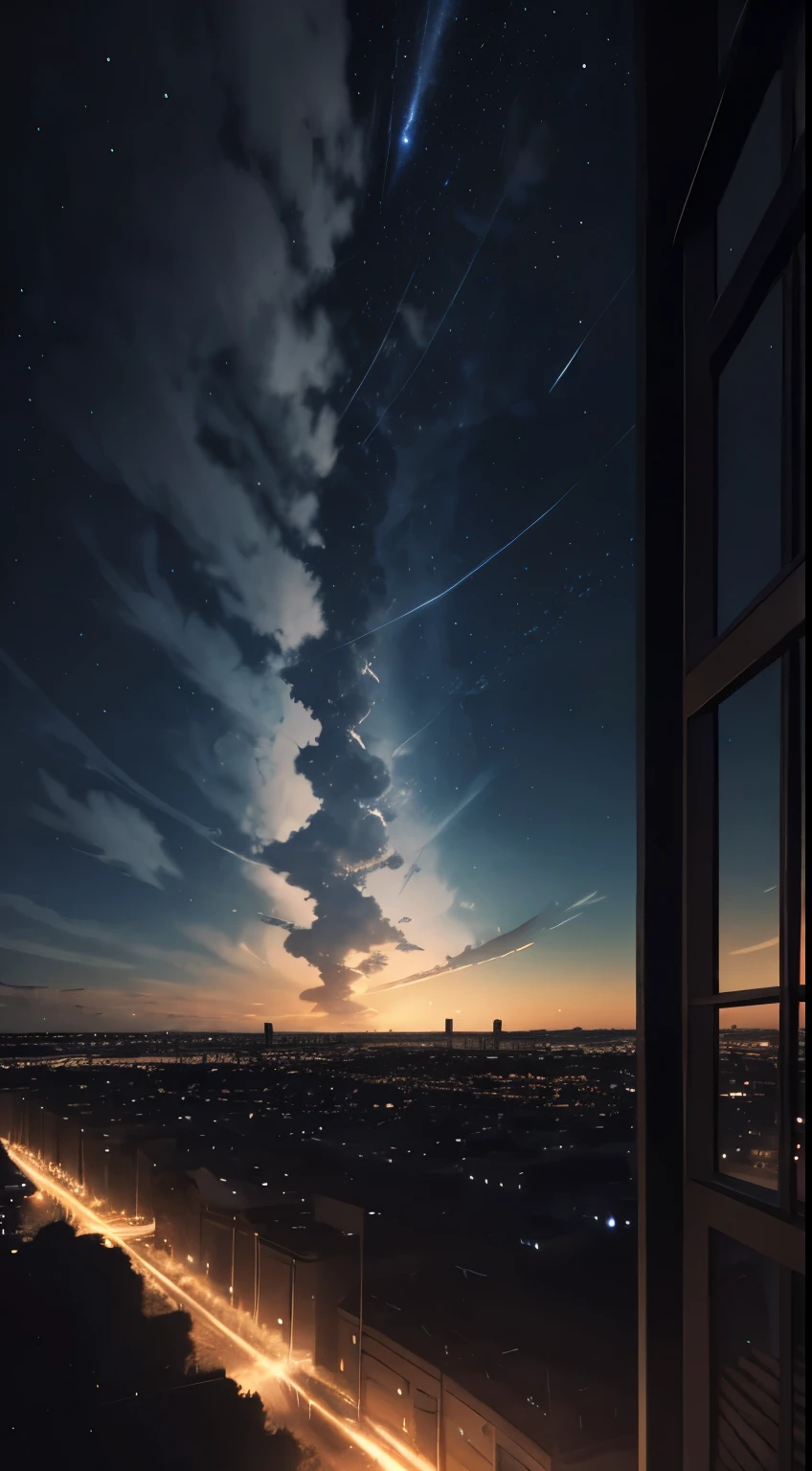 animado,silueta,1 chico, estrella (cielo), nube, ciudadscape, edificio, ciudad, al aire libre, cieloscraper, ciudad lights, Noche, Noche cielo, atardecer, cieloline