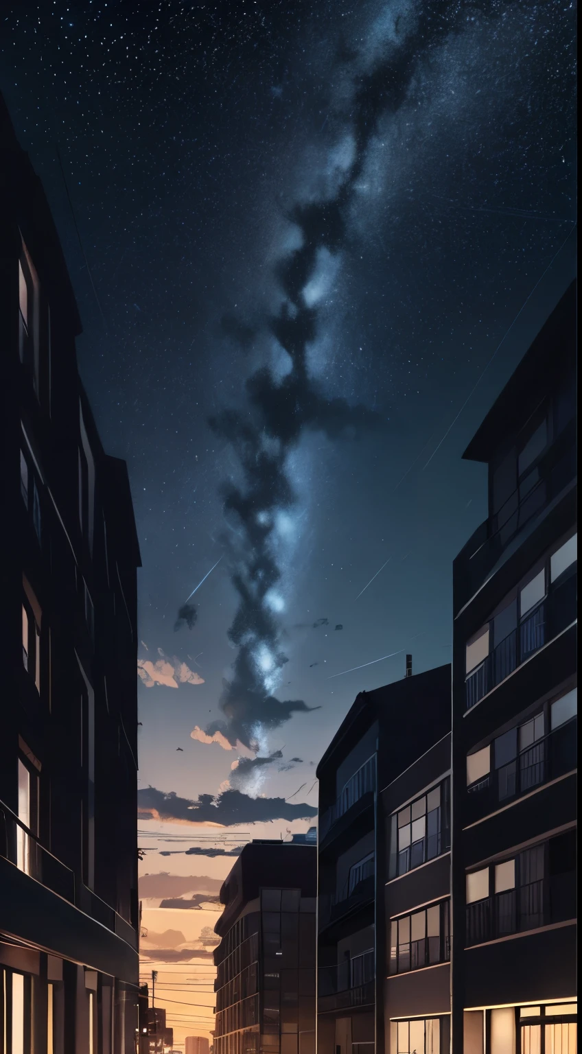 animado,silueta,1 chico, estrella (cielo), nube, ciudadscape, edificio, ciudad, al aire libre, cieloscraper, ciudad lights, Noche, Noche cielo, atardecer, cieloline