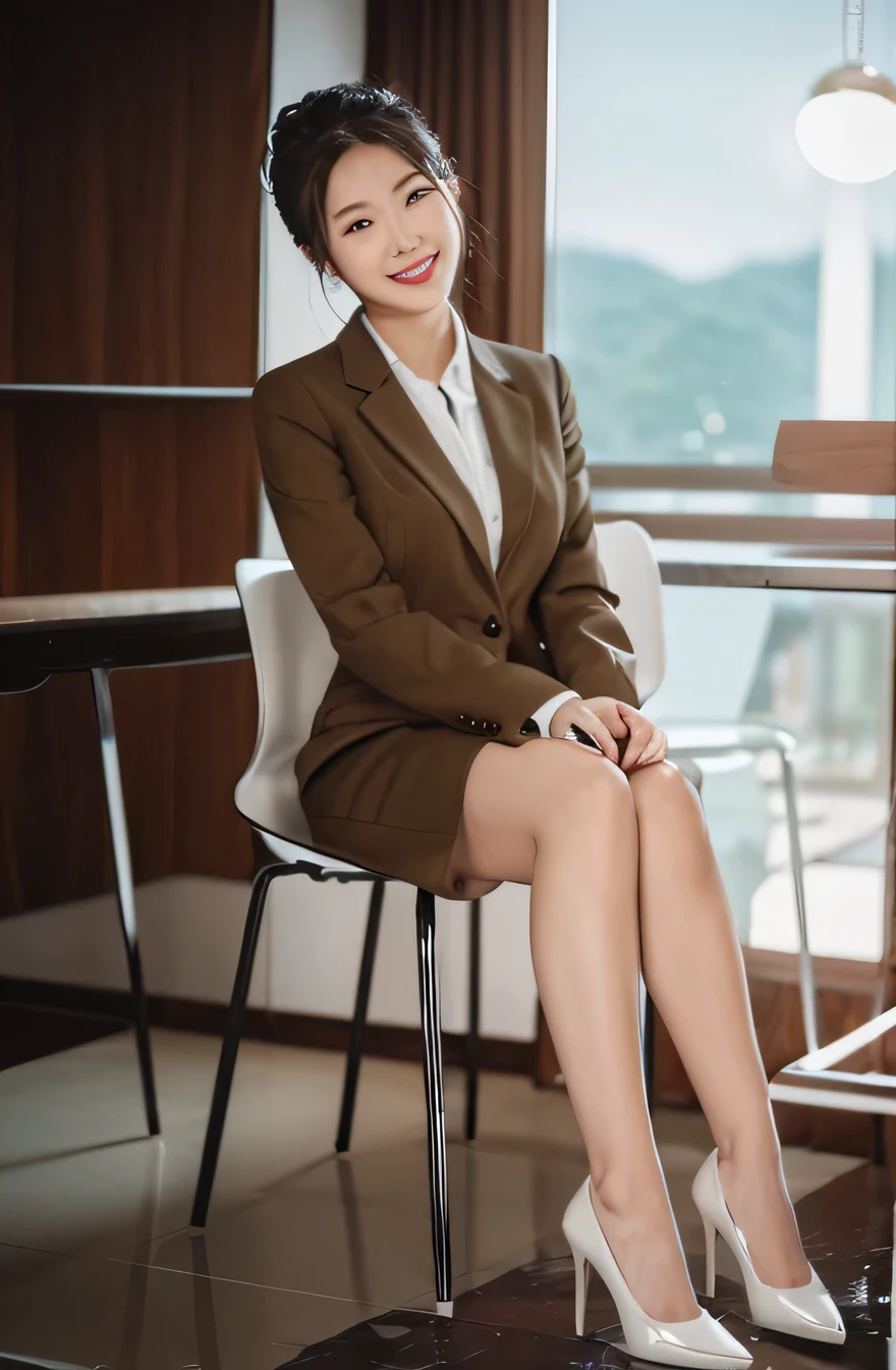 highest quality, intricate details, chromatic aberration, 1 girl, long hair, black hair, messy hair,、knee length skirt black tights、pumps、toothy smile、necklace around neck、