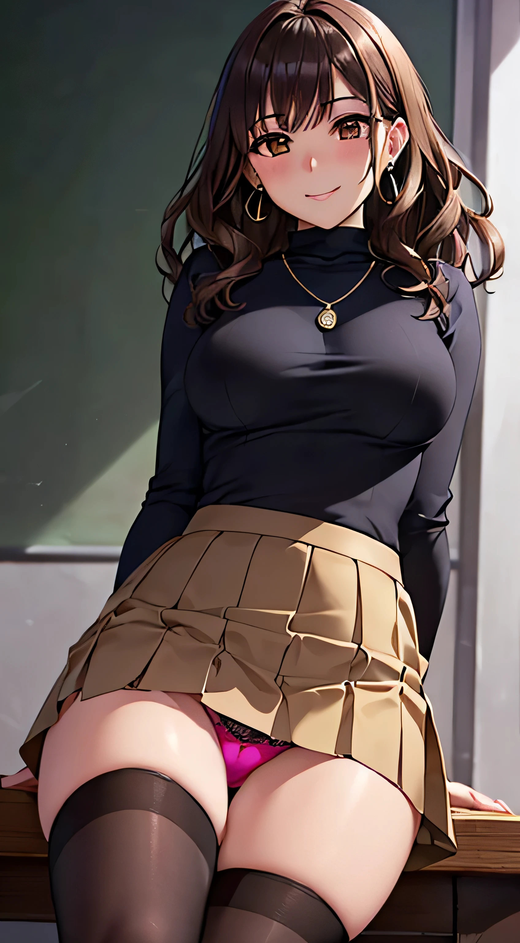 (table top, highest quality, High resolution, , perfect pixel, 4k,), 1 girl, single, alone, Beautiful woman、I could see the whole body、 ((wavy hair, bangs, brown hair)), ((brown eyes, beautiful eyelashes, realistic eyes)), ((detailed face, blush:1.2)), ((smooth texture:0.75, realistic texture:0.65, realistic:1.1, Anime CG style)), medium breasts, dynamic angle, perfect body, ((, female teacher, , earrings、necklace、turtleneck sweater、black flared skirt、black knee high stockings、open both legs wide、、shy smile、Sit on the floor、leaning forward)), Upper grade、、、evening、、(pink lace panties are visible、、(Bring your chest and arms together、Lift up your skirt and show your panties、The wind blows up my skirt)、angle from below)、