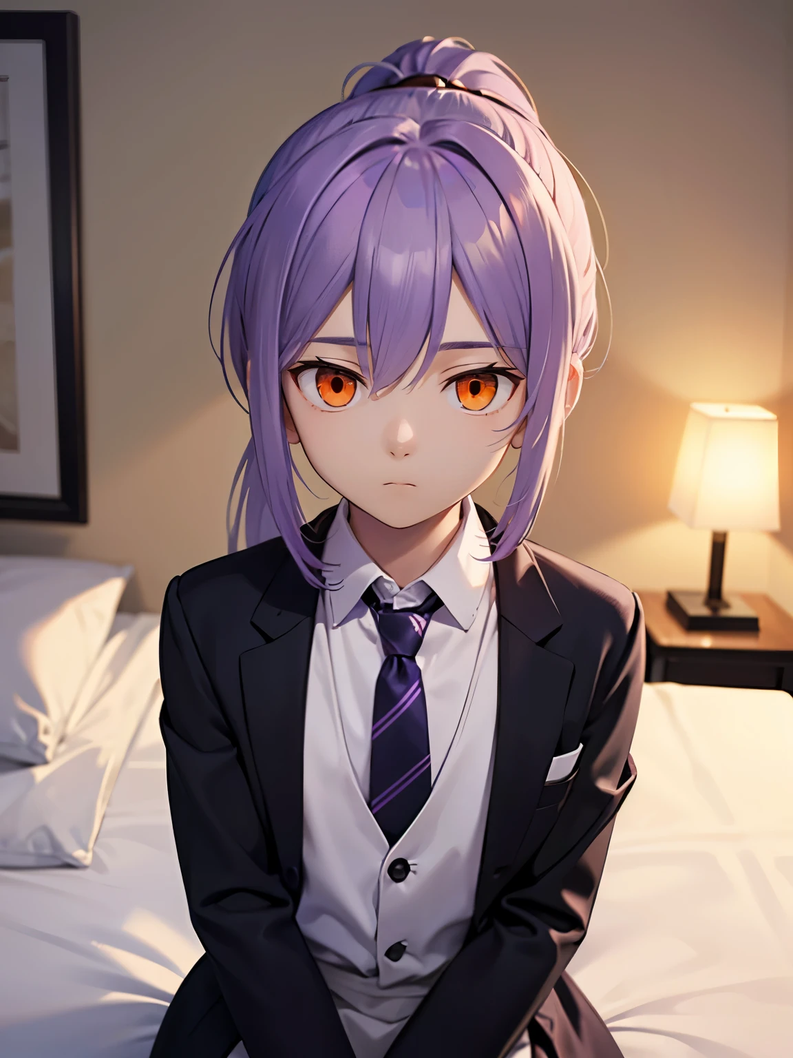 Light purple hair, ager, tall, boy, school uniform, white shirt, dress pants, long hair, orange eyes, calm face, student, bedroom, guy, male, black apron, school lab, ponytail, kuudere, expressionless, emotionless, purple tie