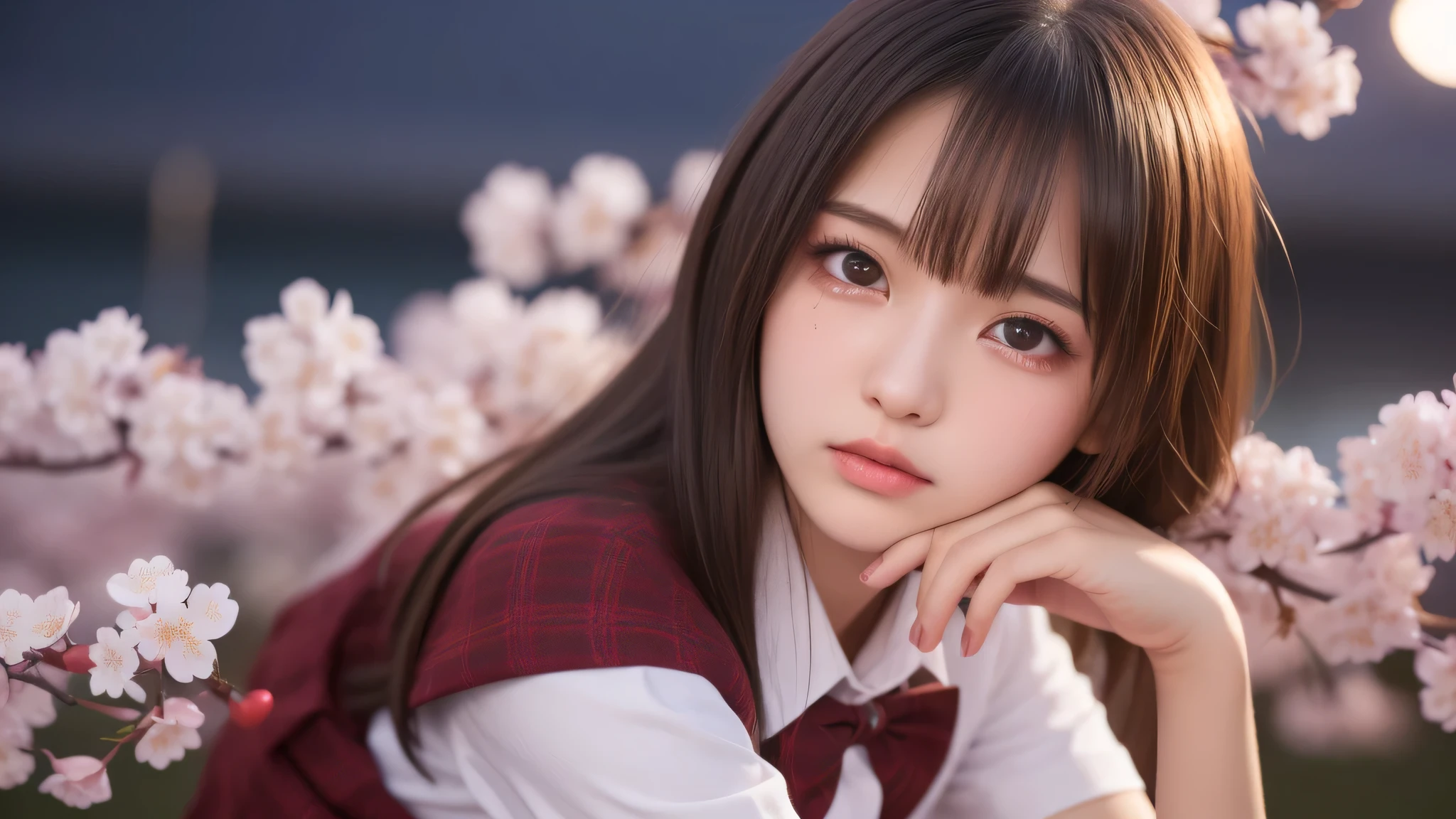 (1 girl), very cute face, (highly detailed eyes, highly detailed face), Fresh, very beautiful appearance, (surreal, High resolution), (highest quality:1.4), professional photography, (high school uniform, pleated mini skirt:1.2), (Cherry blossoms at night, night:1.3), cherry blossoms, focus on the face, (shed tears:1.2), 