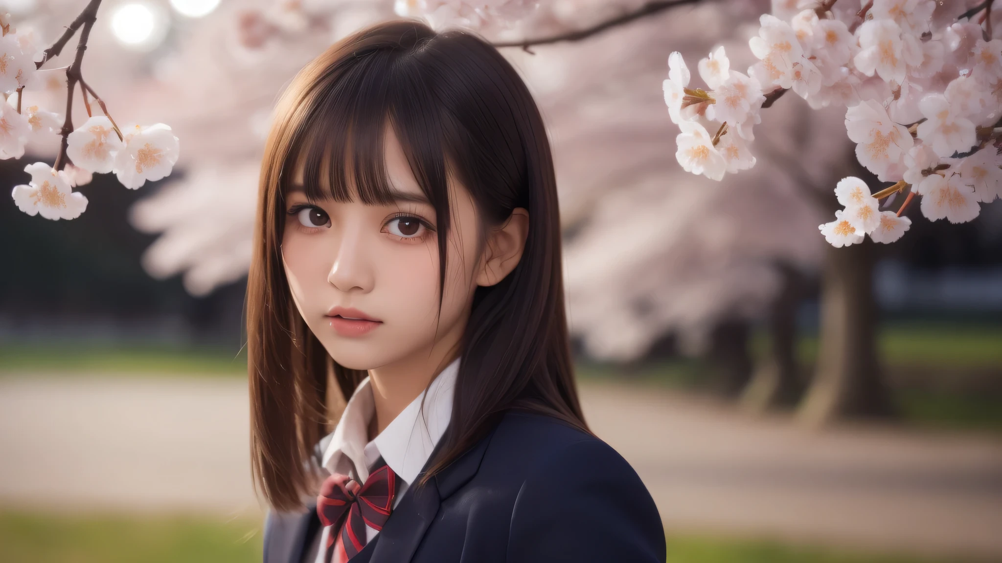 (1 girl), very cute face, (highly detailed eyes, highly detailed face), Fresh, very beautiful appearance, (surreal, High resolution), (highest quality:1.4), professional photography, (high school uniform, pleated mini skirt:1.2), (Cherry blossoms at night, night:1.3), cherry blossoms, focus on the face, (shed tears), (there are tears in her eyes:1.2)
