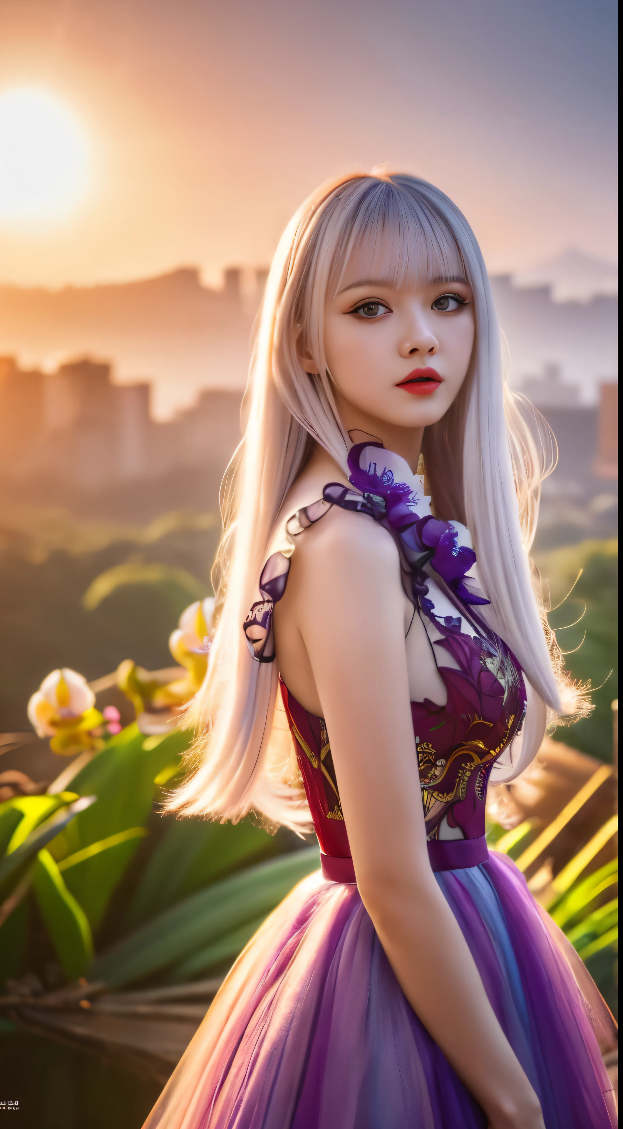 (CG 8k wallpaper extremely detailed, masterpiece, best quality, ultra-detailed), (better lighting, better shadow, extremely delicate and beautiful), floating, high saturation, dynamic angle, ((1girl)), gorgeous, ningguang(orchid evening dress) white hair, red eyes, very long hair, hair ornament, bangs