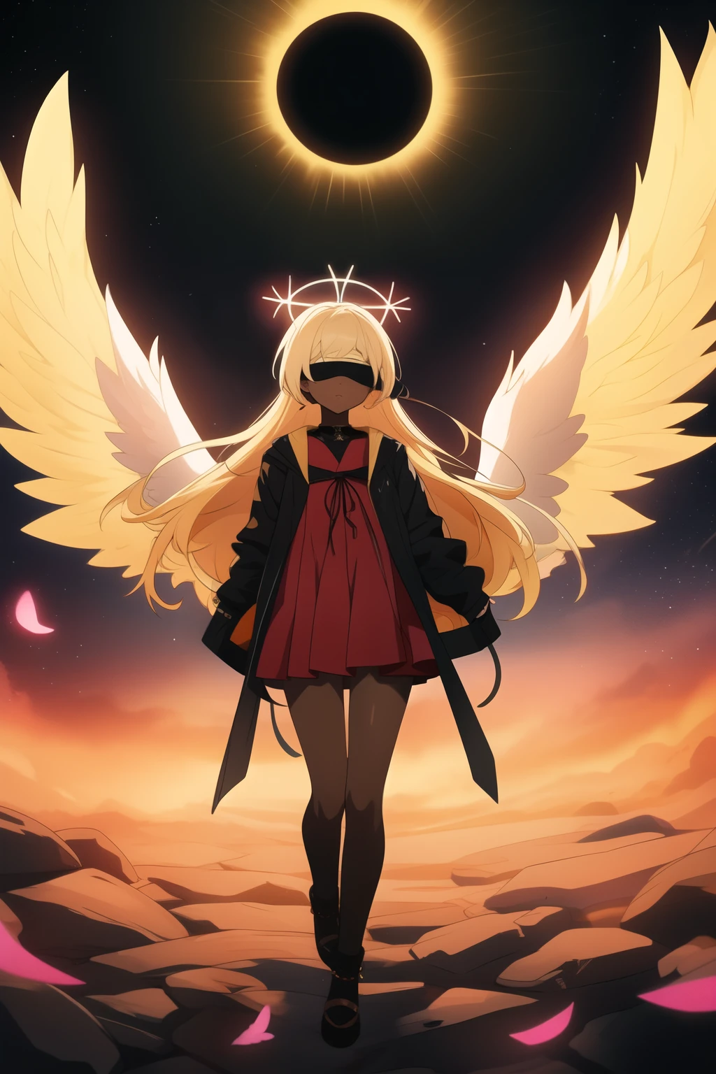 A fallen angel, with black skin, blonde hair, with seraphim aspects, her eyes are blindfolded. anime art style. do it full body, with divine clothing


