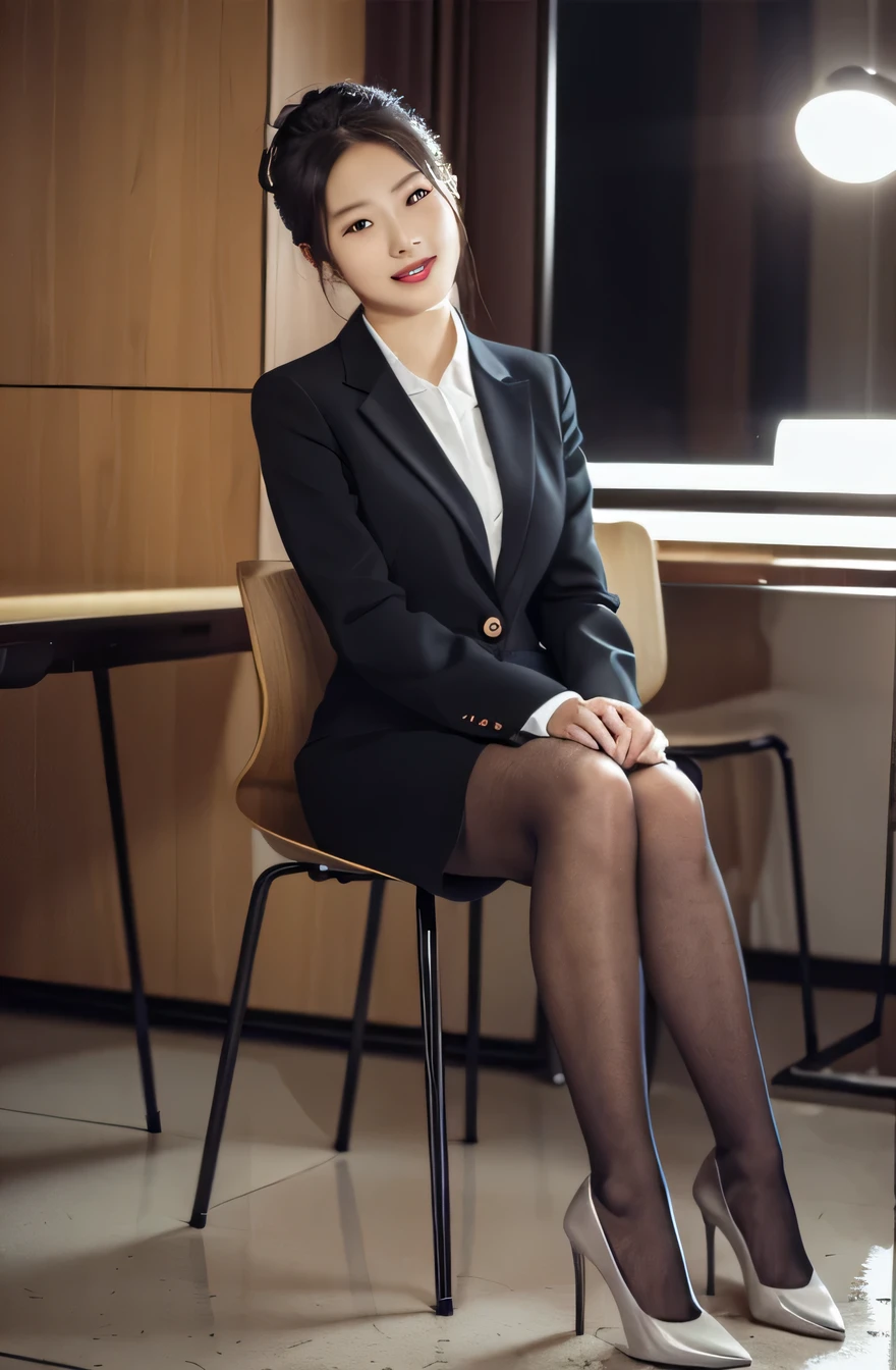highest quality, intricate details, chromatic aberration, 1 girl, long hair, black hair, black tights、pumps、