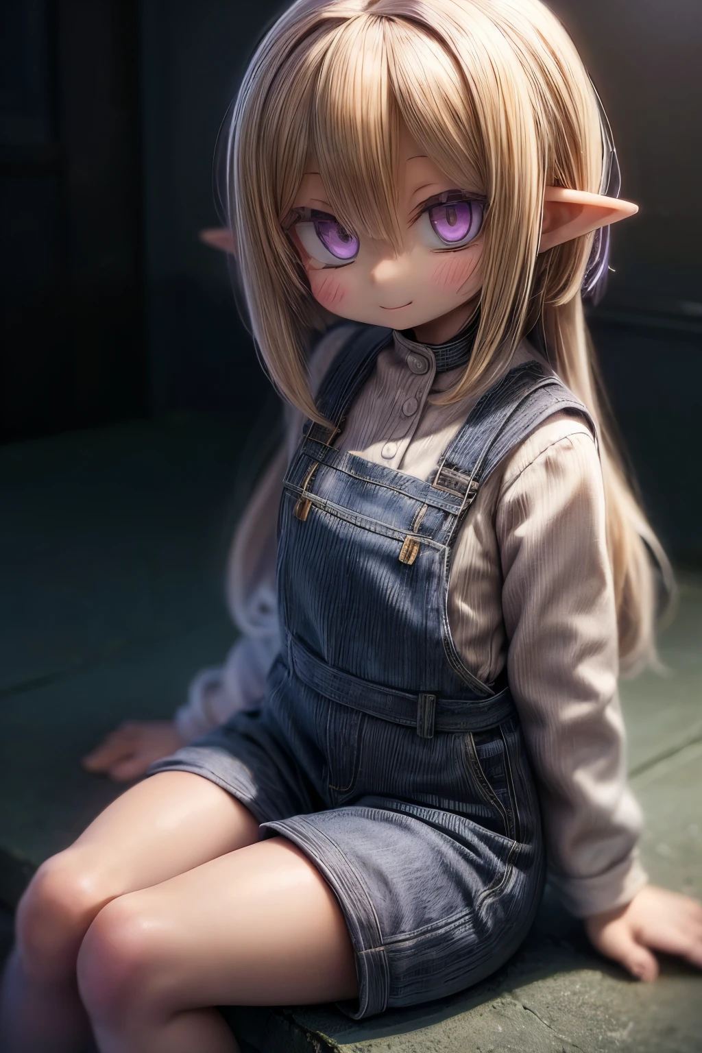 ((Masterpiece)), (Anime:1.3), ((best quality)), (RAW photo:1.2), (High Definition:1.3), (Professional Photography:1.2), (12 years old), (1girl), cute young girl, (Sitting Cute posing:1.4), BREAK, (Happy smile:1.3), (Beautiful purple daiamond eyes:1.5), (dark skin), elf girl, wearing Gray Workwear Coveralls, flat chest, slender waist, BREAK, (hair over eyes:1.2), Silky unruly hair, medium hair, ((blond hair)), wearing Gray Workwear Coveralls, (on the construction site),