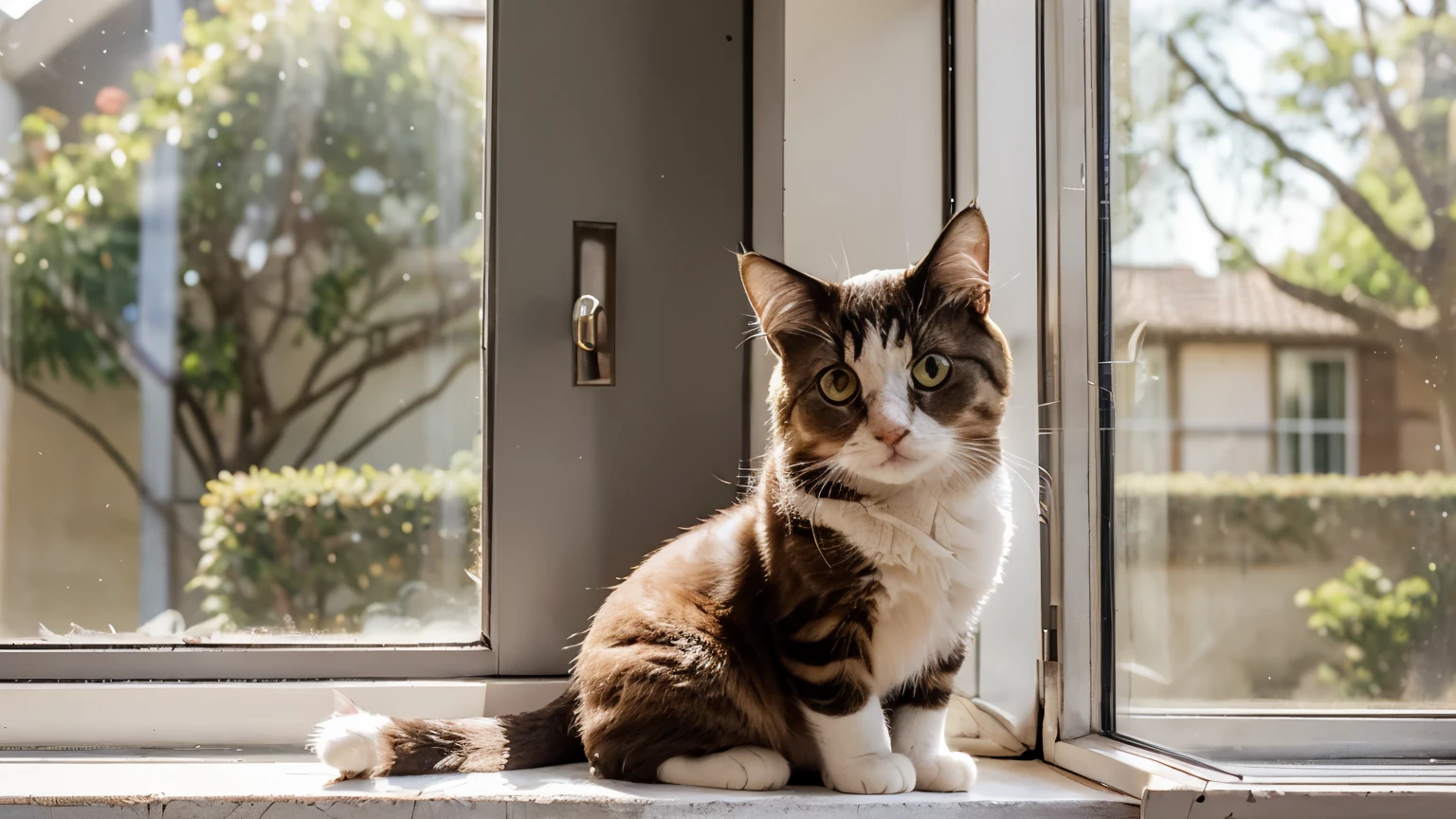 One adorable and fluffy cat with shiny, big eyes that sparkle with curiosity, twitching its little pink nose as it sits contentedly on a sunlit windowsill, purring softly while observing the passing birds with great interest