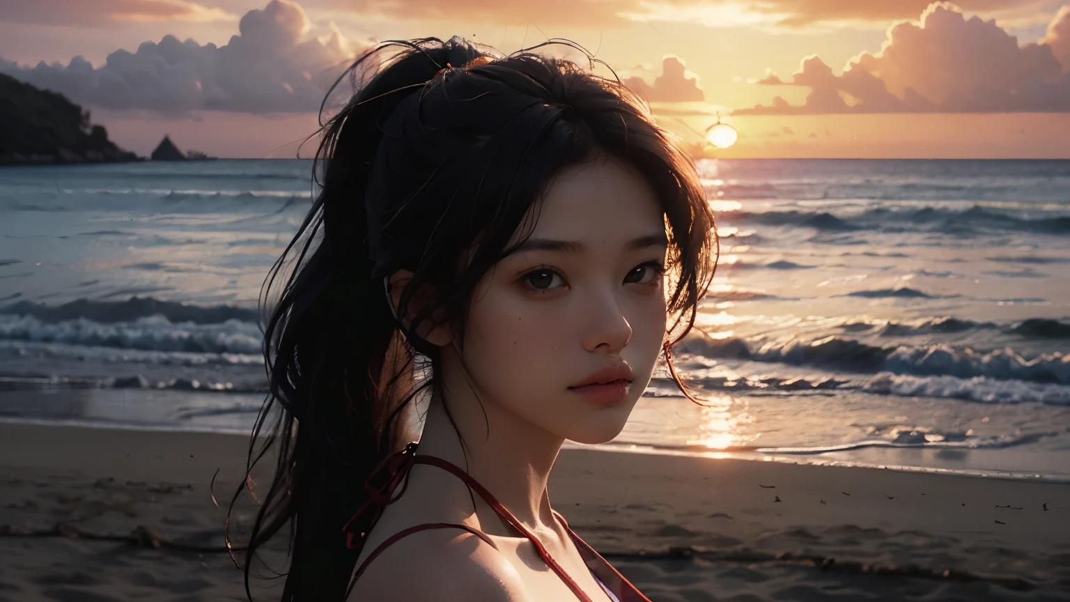 Best quality, masterpiece, ultra high res, (photorealistic:1.4), raw photo, 1girl, bikini, cinematic lighting, half body view, half body shot, ((realistic beach)), ((sunset)), orange sunlight on hair, long ponytail