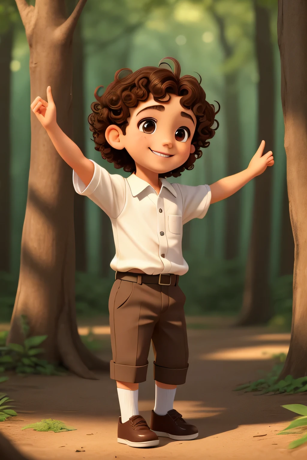 A boy of 5 years old dancing, with short brown curly hair, round face, round with lovely smile, and brown eyes, in the forest
