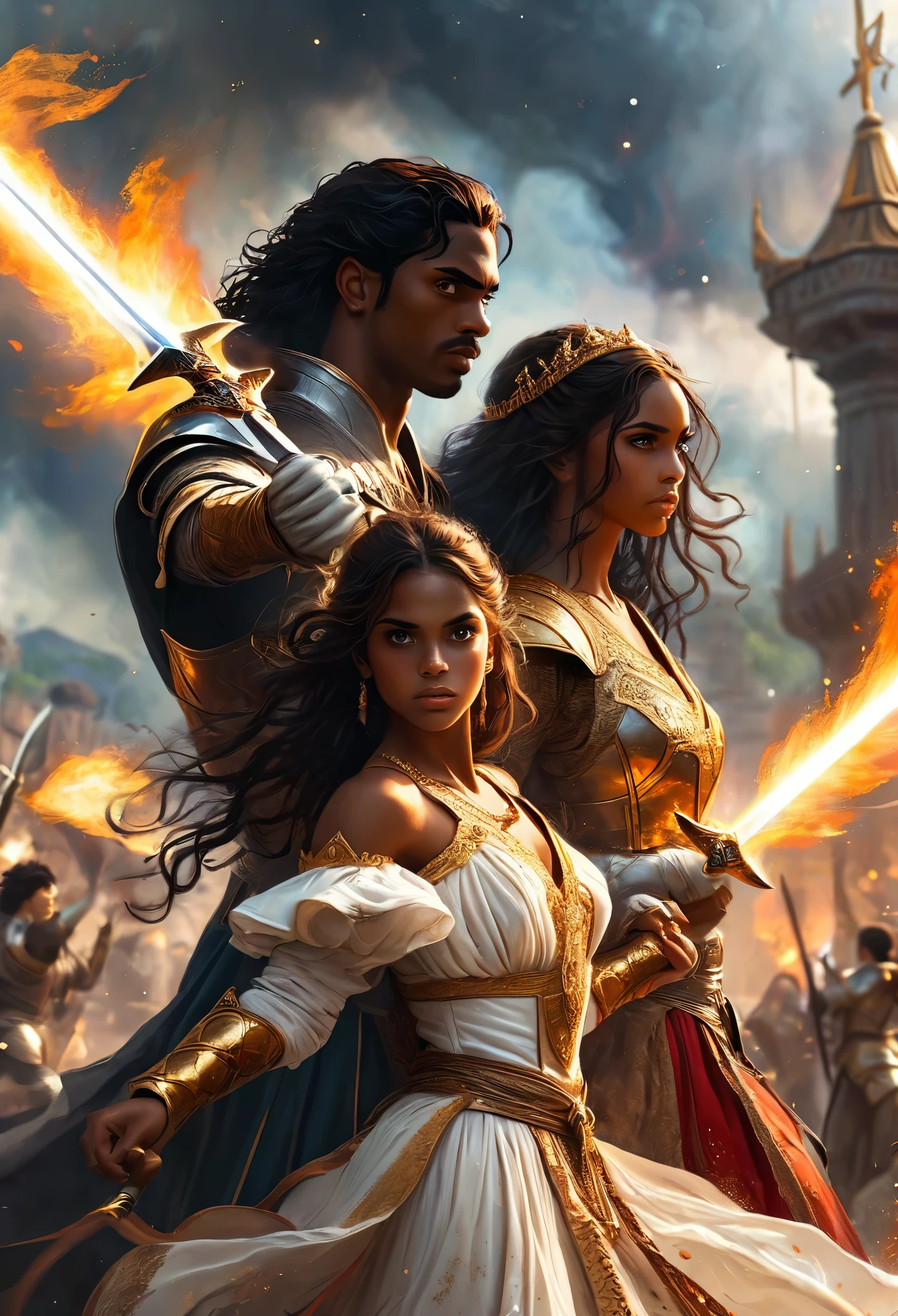In a celestial landscape, people dressed luxuous, differents faces, they are all darkskin, (((young, in 20's))) (((brown skin men and brown skin women fighting))), (((young brown skin long dark hair duke:1.3 and prince:1.4))), (((brown skin dark hair women))) and (((one brown hair women1.3))), (they are différent and separate couples1.2). (couples of judge:1.2, princes:1.2, princesses:1.3, warriors:1.4). couples are a brown skin duke long dark curly hair with a dark long hair woman. couples are a brown skin duke curly dark hair with a short brown hair women, (((dark hair brown skin women and brownskin:1.5))) trying to kill him with gods swords and lances, dangerous scene, war, battle, chaostic, gods war, fire and fury, destruction, explosions