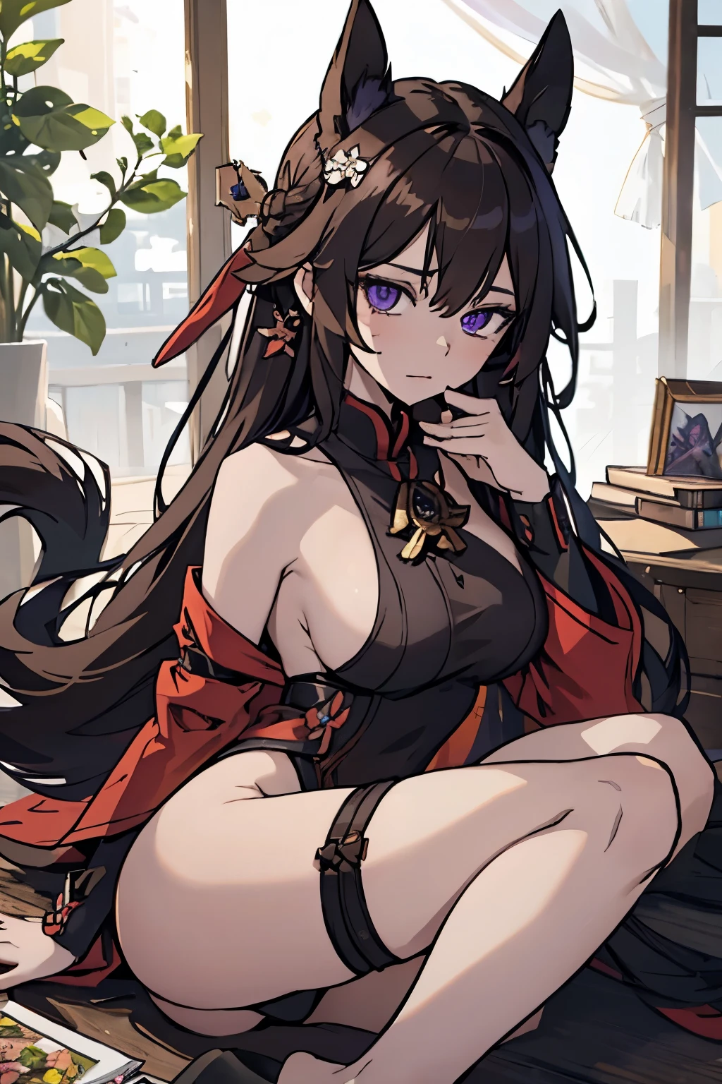 Ultra Real), (Illustration), (High Resolution), (8K), (Very Detailed), (Best Illustration), (Beautiful Detailed Eyes), (Best Quality), (Ultra Detailed), (Masterpiece) very big breasts, Bare shoulders attractive legs, (busty), (perky) (large ass) (bubble butt) human_feet, messy hair, yae miko, animal ears, floppy ears, fox ears, hair between eyes, long hair, brown hair, (purple eyes:1.1), brown hair, barefoot, bare shoulders, detached sleeves, earrings, hair ornament, japanese clothes, long sleeves, sideboob, thigh strap, thighs, wide sleeves, sideass, IncrsAhriDynasty, facial mark