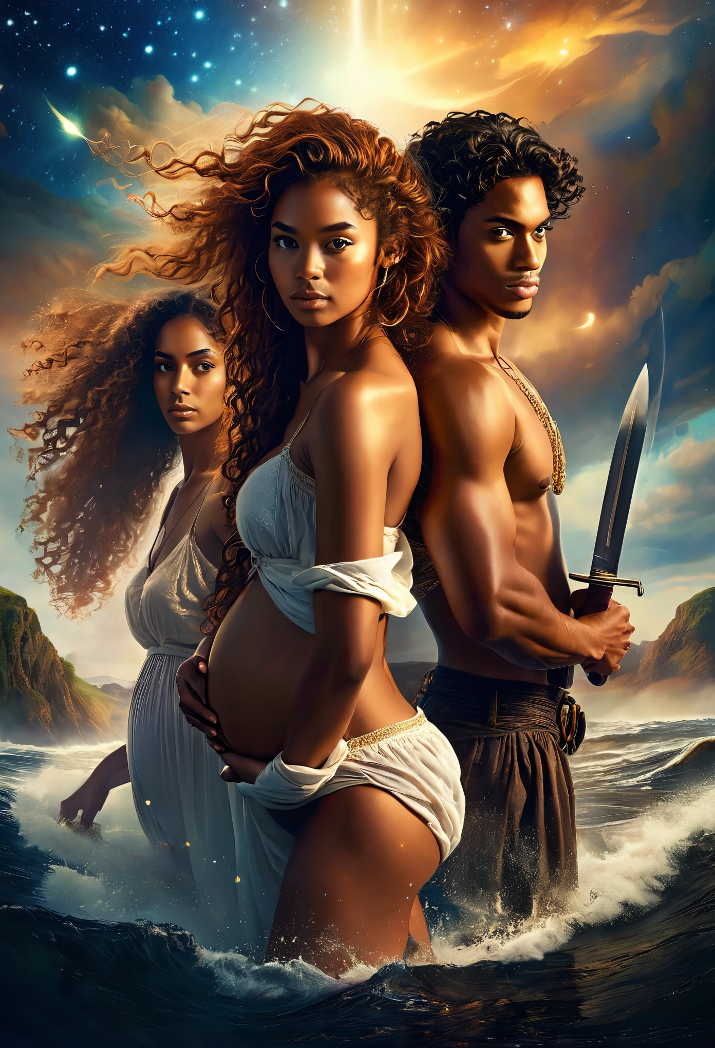 In a celestial landscape, four people dressed luxuous, differents faces, they are all darkskin, (((young, in 20's))) (((two brown skin men and two brown skin woman))), (((two young brown skin long dark hair duke:1.3))), (((one brown skin dark hair pregnant1.5 woman))) and (((one brown hair woman no pregnant1.3))), (they are two différent and separate couple1.2). (Two couple of four people:1.2). The first couple is a brown skin duke long dark curly hair with a ginger long hair pregnant woman. The second couple is a brown skin duke curly dark hair with a short brown hair woman, (((ginger hair brown skin woman is pregnant and brownskin:1.5))) trying to kill him with a knife, dangerous scene, war, battle