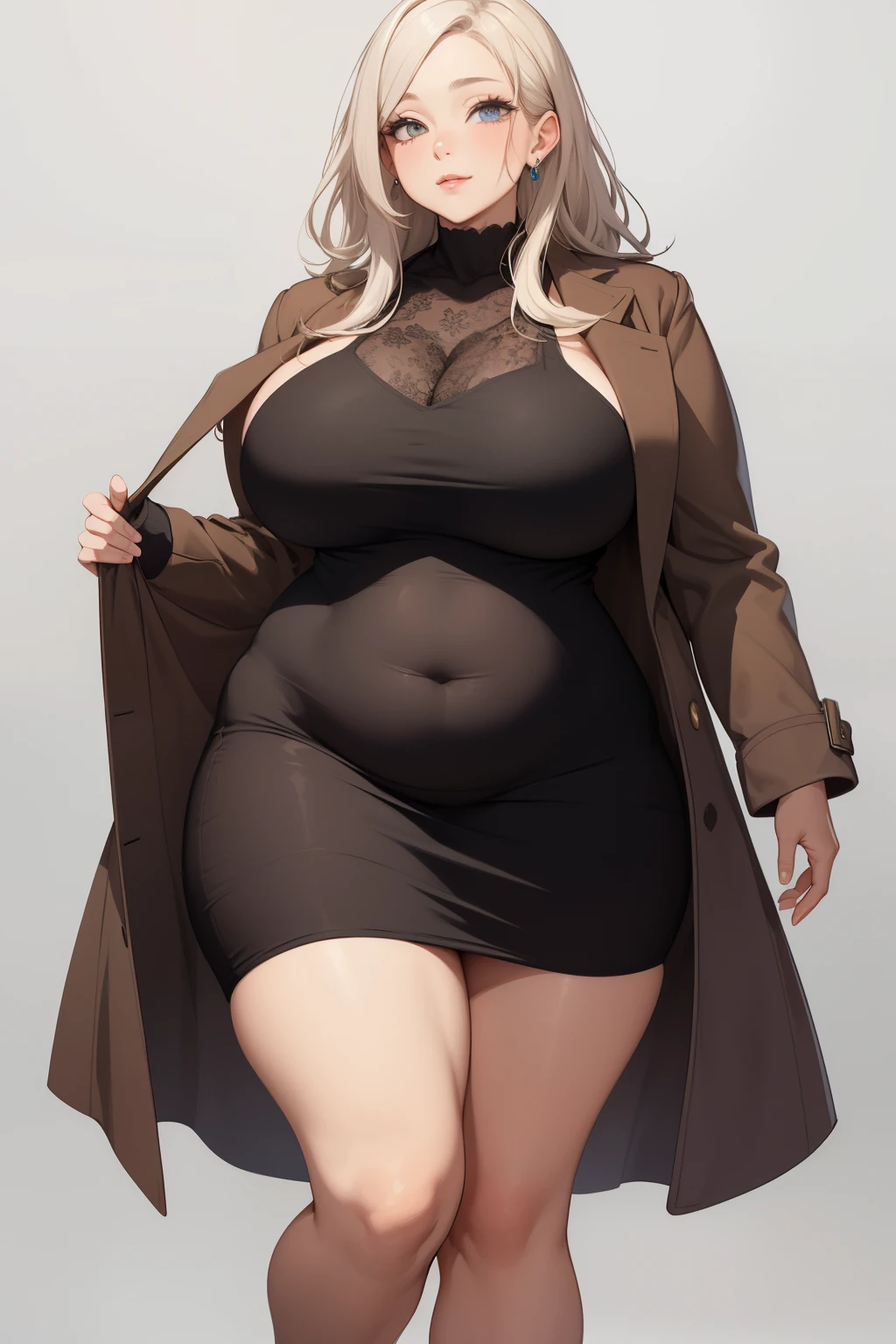 (((masterpiece))), ((best quality)),a woman in a black dress and brown coat posing for a picture, thicc, bbwchan, she has a jiggly fat round belly, full body portrait of a short!, thick body, large thighs, ross tran style, small curvy , heavy looking, fullbody commission for, (fat body),(giant belly), round tum, covering body, adult