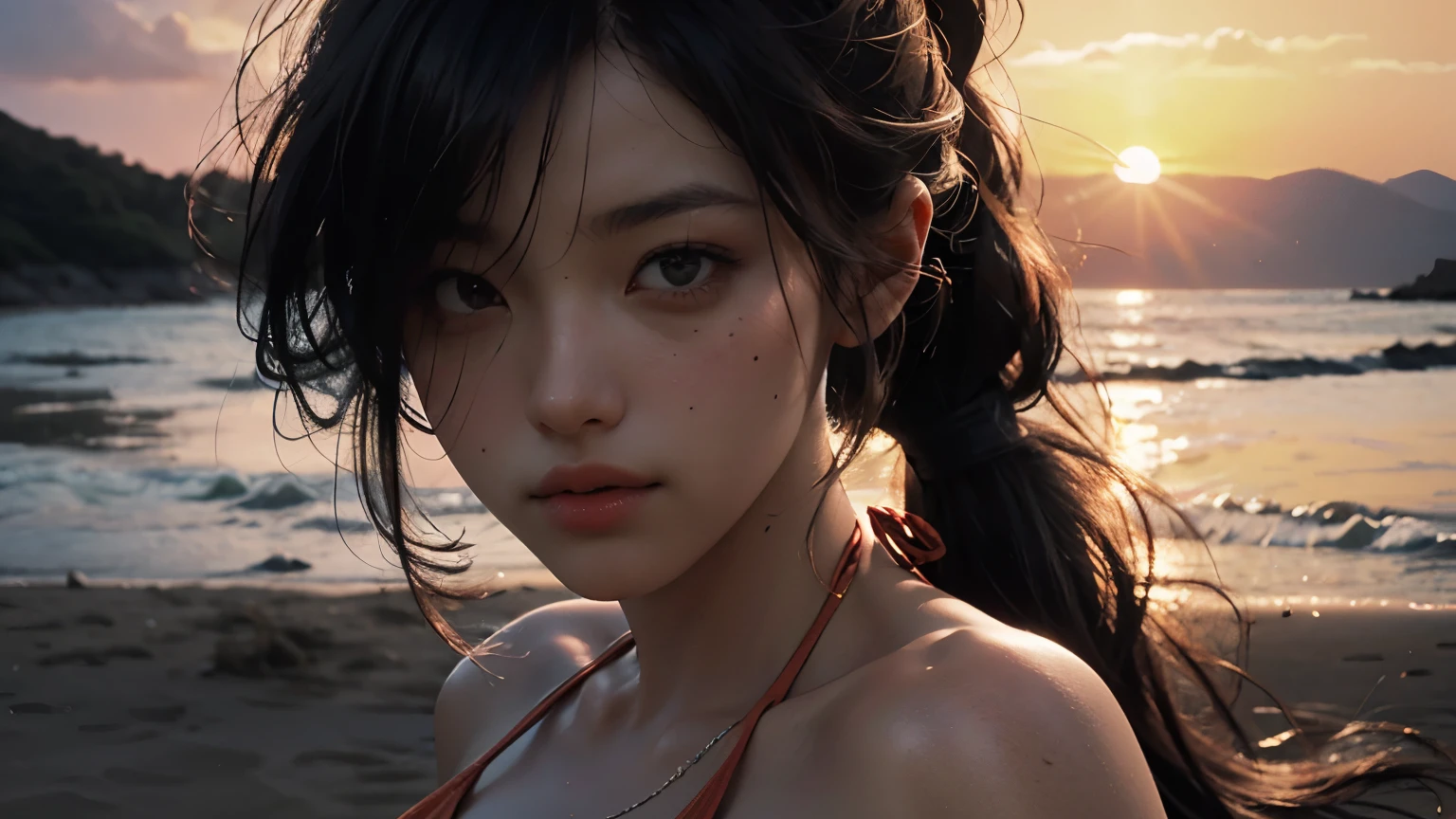 Best quality, masterpiece, ultra high res, (photorealistic:1.4), raw photo, 1girl, bikini, cinematic lighting, half body view, half body shot, ((realistic beach)), ((sunset)), orange sunlight on hair, long ponytail,