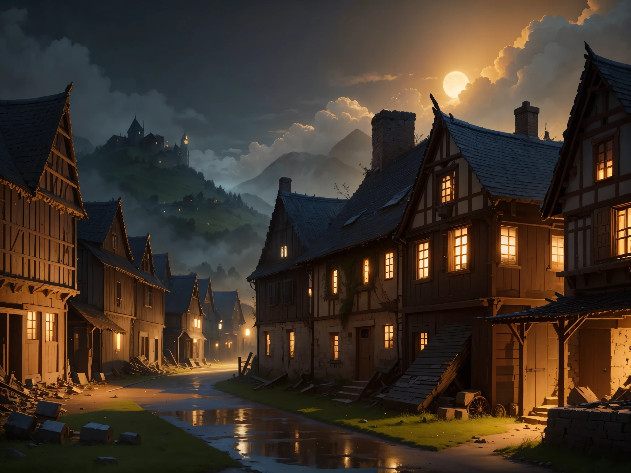 village in ruins, medieval, night