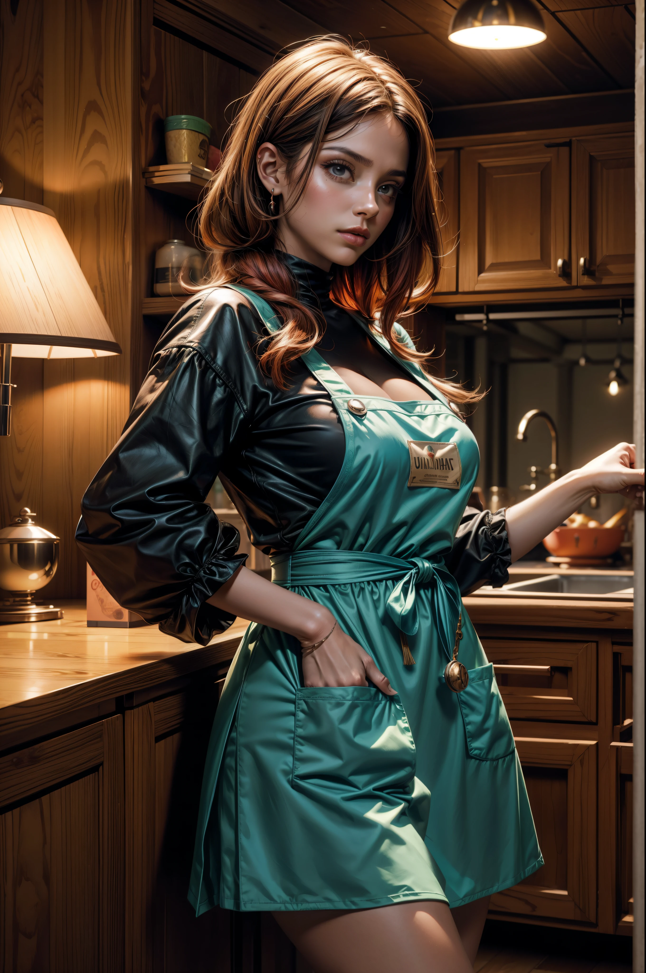arte conceptual, top angle of a will&#39;el fuego fatuo, She is wearing a fun bright orange apron with Somali emerald., Cabello color caramelo peinado como cabello corto., Colector Morado Fluorescente, equirectangular 360, high resolution, [(Arte de Willi Baumeister:1.1), (arte de John T... pero grande:1.2)::17], arte oficial, fondo de pantalla de unidad 8k, ultra detallado, aesthetic, Obra maestra, Mejor calidad, fotorrealista
