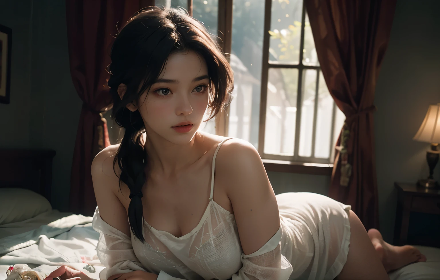 1 girl, Best quality, masterpiece, ultra high res, (photorealistic:1.4), raw photo, 1girl, see through spaghetti strap shirt, cinematic lighting, half body view, half body shot, bedroom, nude but covered by blanket, long ponytail, Whimsical lighting, Enchanted ambiance, bokeh, Dreamy decor, Whimsical lighting, Enchanted ambiance