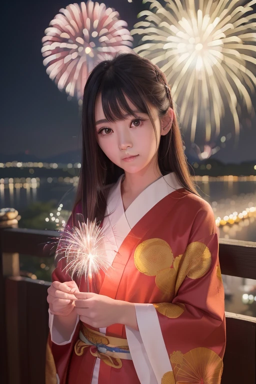 (8K, 超A high resolution, Best Quality, masutepiece:1.2)、RAW portrait of japanese girl、超A high resolution、top-quality、adult lady :1.5、Japan Yukata、Natural May、(Large fireworks set off in the night sky:1.5)、Looking up at the night sky、have smart-phone、(Beautiful hands)