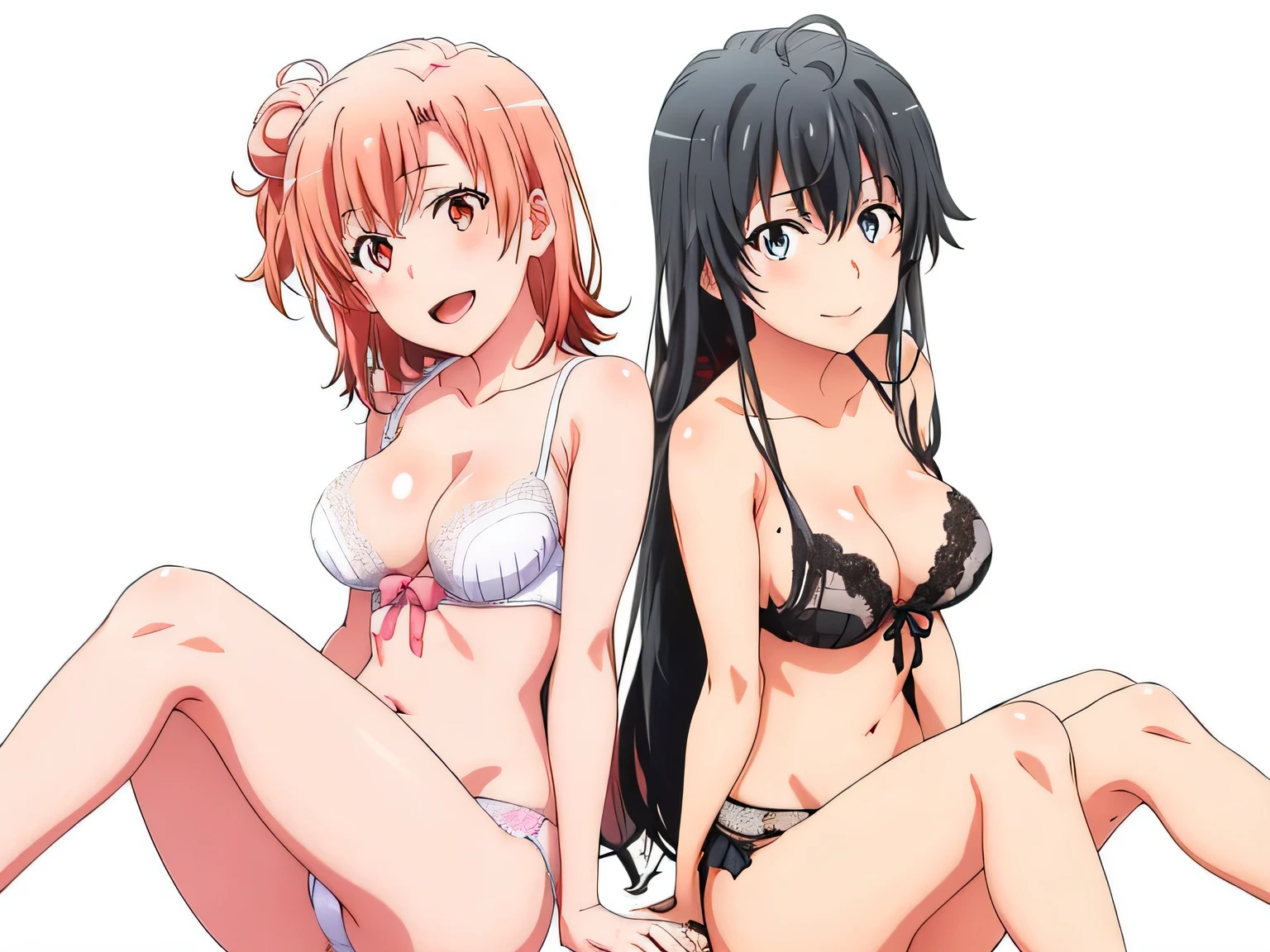 ((2 girls:1.0)), (Yuigahama Yui shapely breasts),(Yukinoshita Yukino),no background,In underwear,,Ribbon on panties,pink silk panties,white silk panties,belly button,thighs,knees,calf,front,looking at camera,(Low - Angle),open your mouth,smile,Panoramic view of the head,beautiful eyes