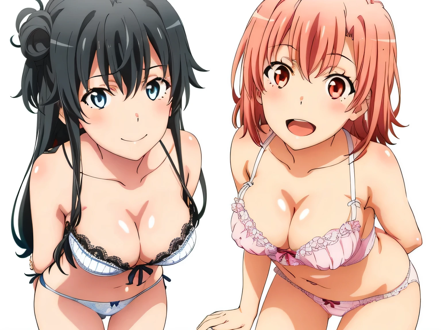((2 girls:1.0)), (Yuigahama Yui shapely breasts),(Yukinoshita Yukino),no background,In underwear,,Ribbon on panties,pink silk panties,white silk panties,belly button,thighs,knees,calf,front,looking at camera,(Low - Angle),open your mouth,smile,Panoramic view of the head,beautiful eyes