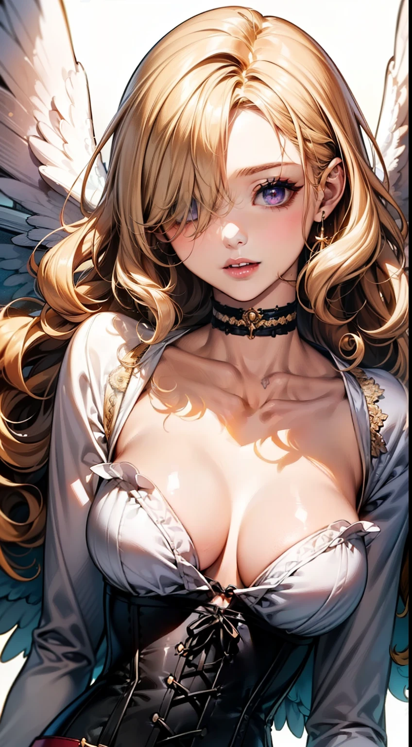 ((long blonde hair:1.8, Curly hair on the outside, hair above one eye:1.6)), (shining purple eyes)beautiful, beautiful woman, perfect anatomy, perfect body, perfect breasts, ((angel with a pair of wings spread:1.8, white clothes, corset, choker:1.6)), forest:1.6, captivating gaze, slight smile, realism, masterpiece, rough skin , Super detailed, high detail, high quality, 最high quality, 1080p, 16k