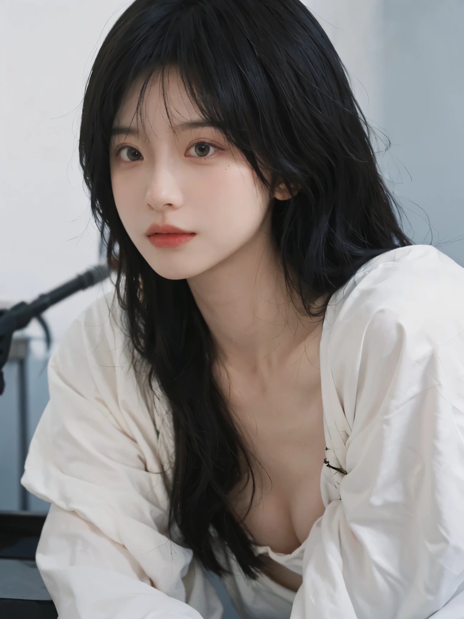 best quality, ultra high resolution, White background,(realistically:1.4), girl, A pair of eyes as clear as snow,Royal sister,black long straight, looking at the audience, Close-up cleavage ,