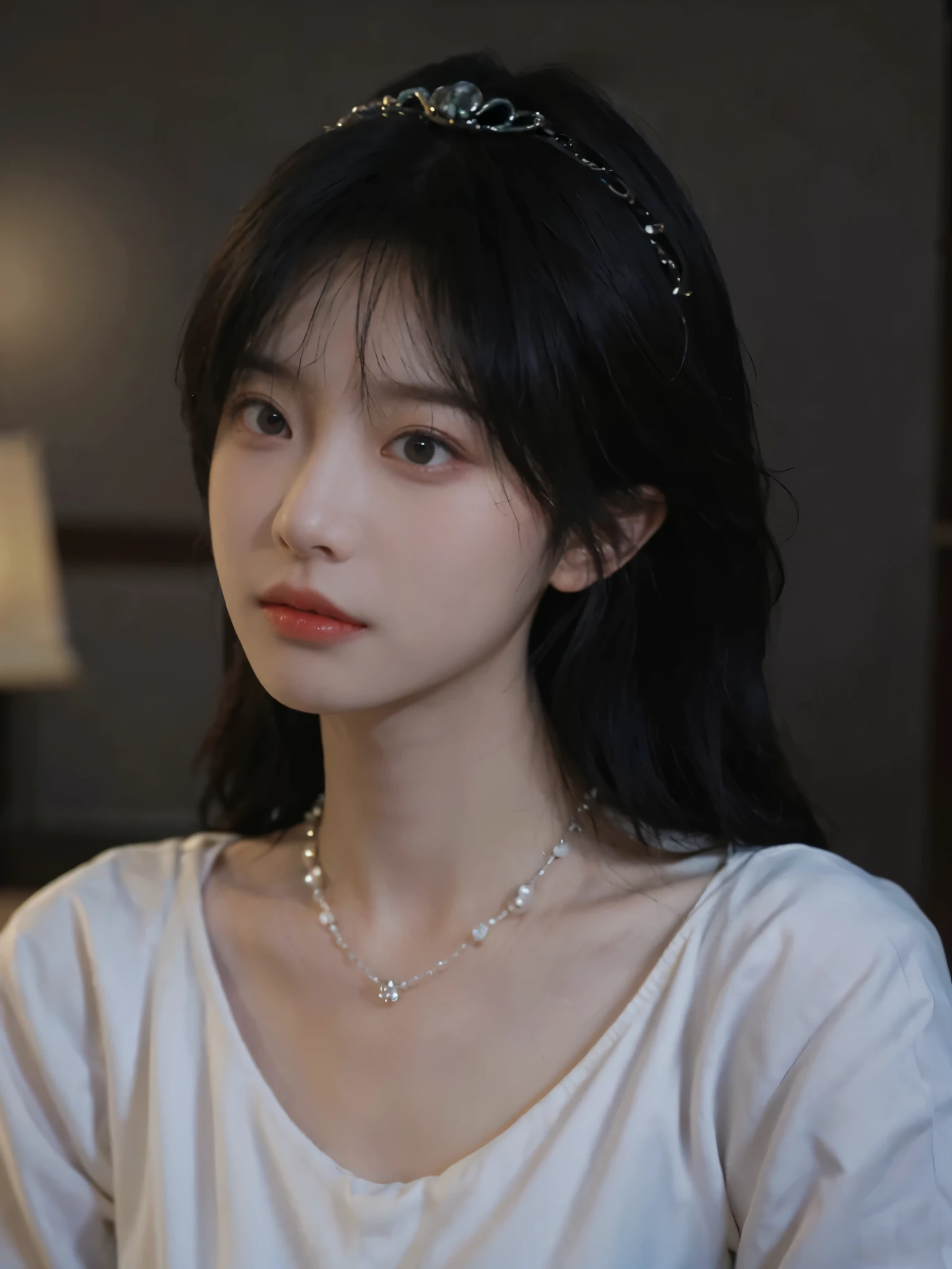 best quality, masterpiece, high resolution, 1 girl, porcelain dress, hair accessories, necklace, jewelry, pretty face, physically, Tyndall effect, actual, dark studio, edge lighting, two-tone lighting, (High detail skin: 1.2), 8K Ultra HD, SLR camera, soft light, high quality, Volumetric light, confess, photo, high resolution, 4k, 8k, Blurred background,