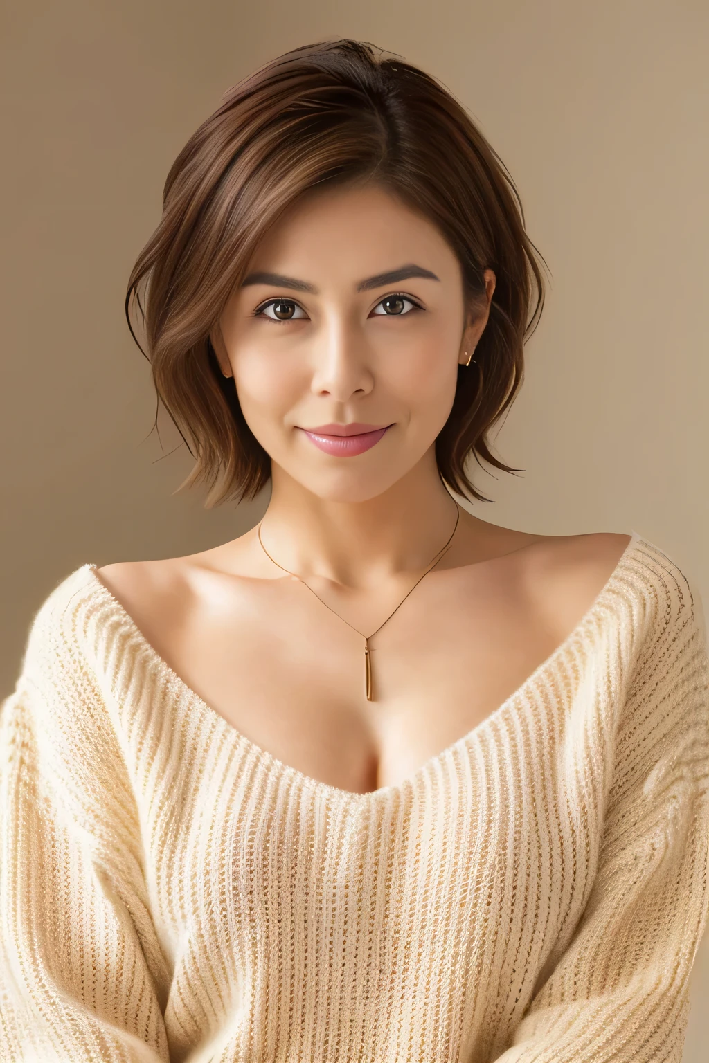 (highest quality, 8k, 32K, masterpiece, Hmm:1.2),beautiful japanese women pictures, big breasts, very short bob hair,Upper body,face focus,extra large_sweater, necklace, simple background, From above, looking at the viewer,