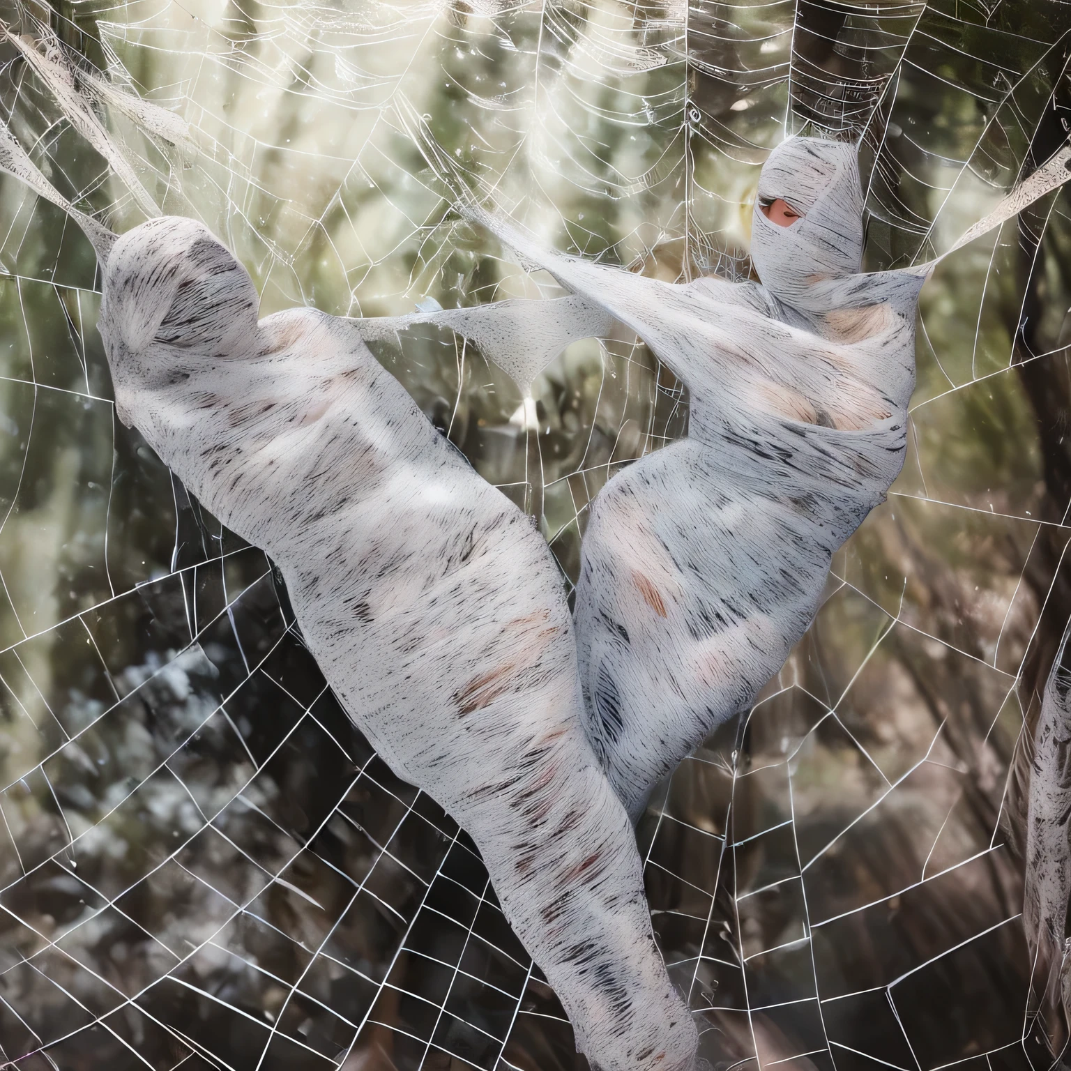 a girl entangled in the spider web, struggle, detailed classroom, (cocoon:1.3), spider web, hanging, spider in the web, spider