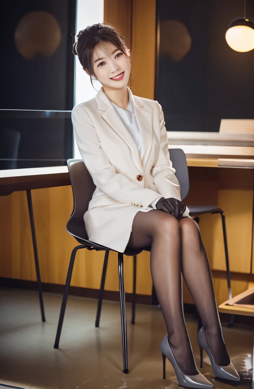 highest quality, intricate details, chromatic aberration, 1 girl, long hair, black hair, highest quality, black tights、pumps、smile showing teeth