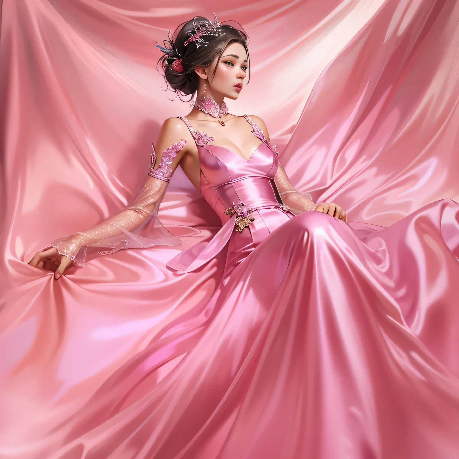 Beautiful woman in vey long translucent pink satin dress