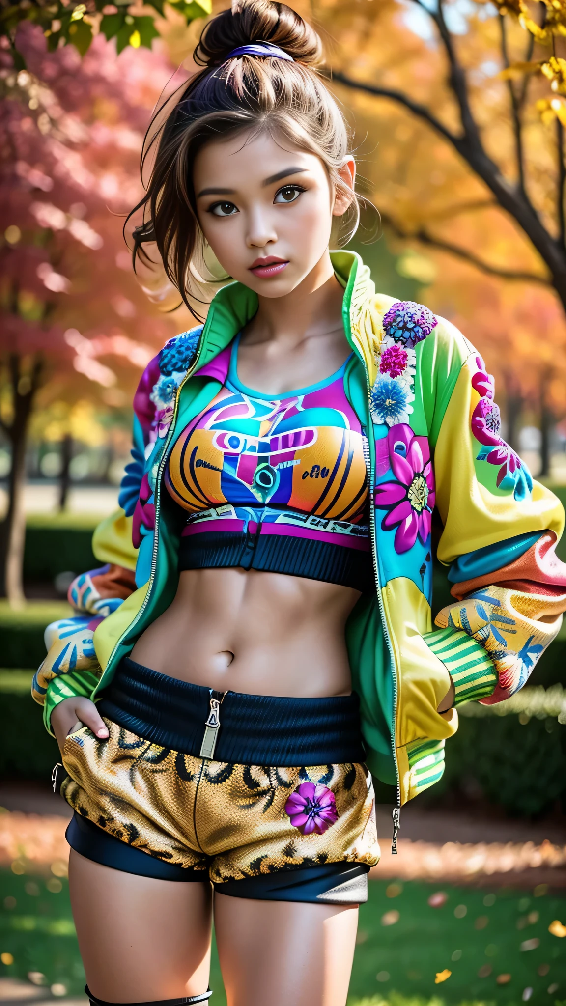 Divide Ratio : 1,1,1 Base Ratio: ((portrait)),((outside,in the Park Autumn evening time
:1.3)),(Autumn colors of the forest, lots of leaves lying on the ground),(Highest resolution),(the most absurd quality),(masterpiece),(sharp focus),(最high quality),(photorealistic),(hyper realistic),beauty (mixed girl)(madison ivy:0.3)(jessica alba:0.5)(Ariana Grande:0.2) in of a (girl 16-year-old),fashion supermodel,((Intricately detailed colorful graffiti:1.3 ((graffiti printed on a short jacket,short pants,sport top:1.33)) wear:1.3)),((Intricately detailed short Pants:1.35)),(sport top:1.35),dynamic pose,exquisite balance of shadows,perfect composition,(shot above the knee:1.3),look at the viewer,(from below:1.3),Hasselblad, 85mm f/2.8