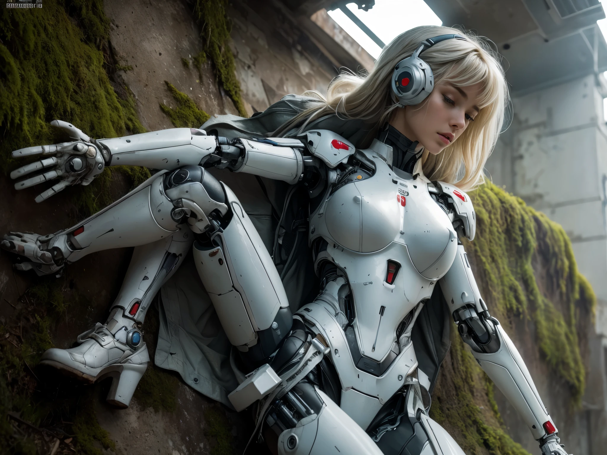 ((masterpiece, highest quality, Highest image quality, High resolution, photorealistic, Raw photo, 8K)), Abandoned robot soldier on battlefield, broken and immobile, rust and moss showing passage of time, female cyborg body, female body, biomechanical , extra detailed body, blowjob white mech, white biomechanical details, detailed body, shiny white armor, cybernetic body, eva unit-00 on back, full body details, 