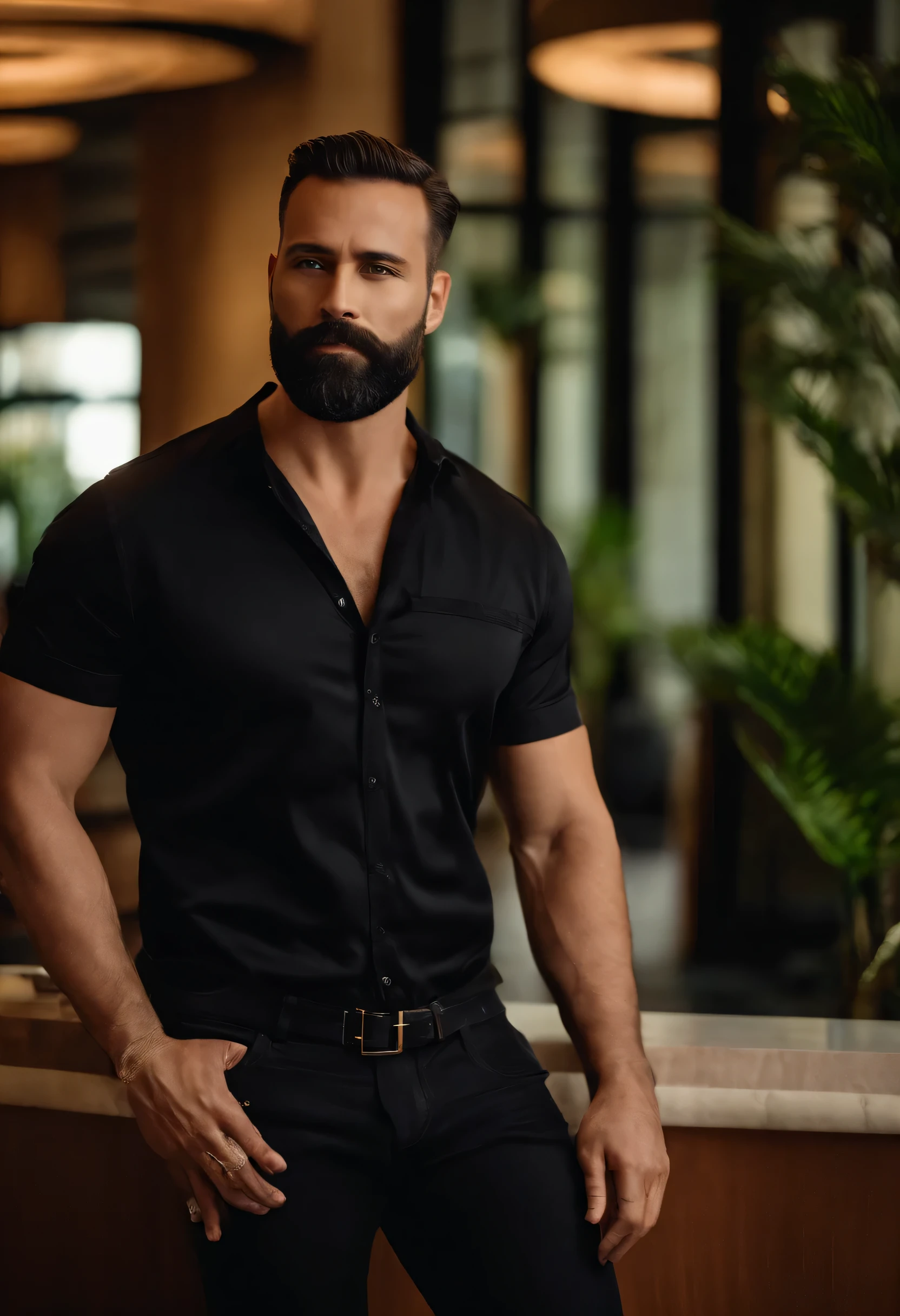 a 39-year-old man, with a military haircut, wearing a beard, dressed in a black haute couture shirt and jeans. In the lobby of a luxurious hotel, a confident demeanor.