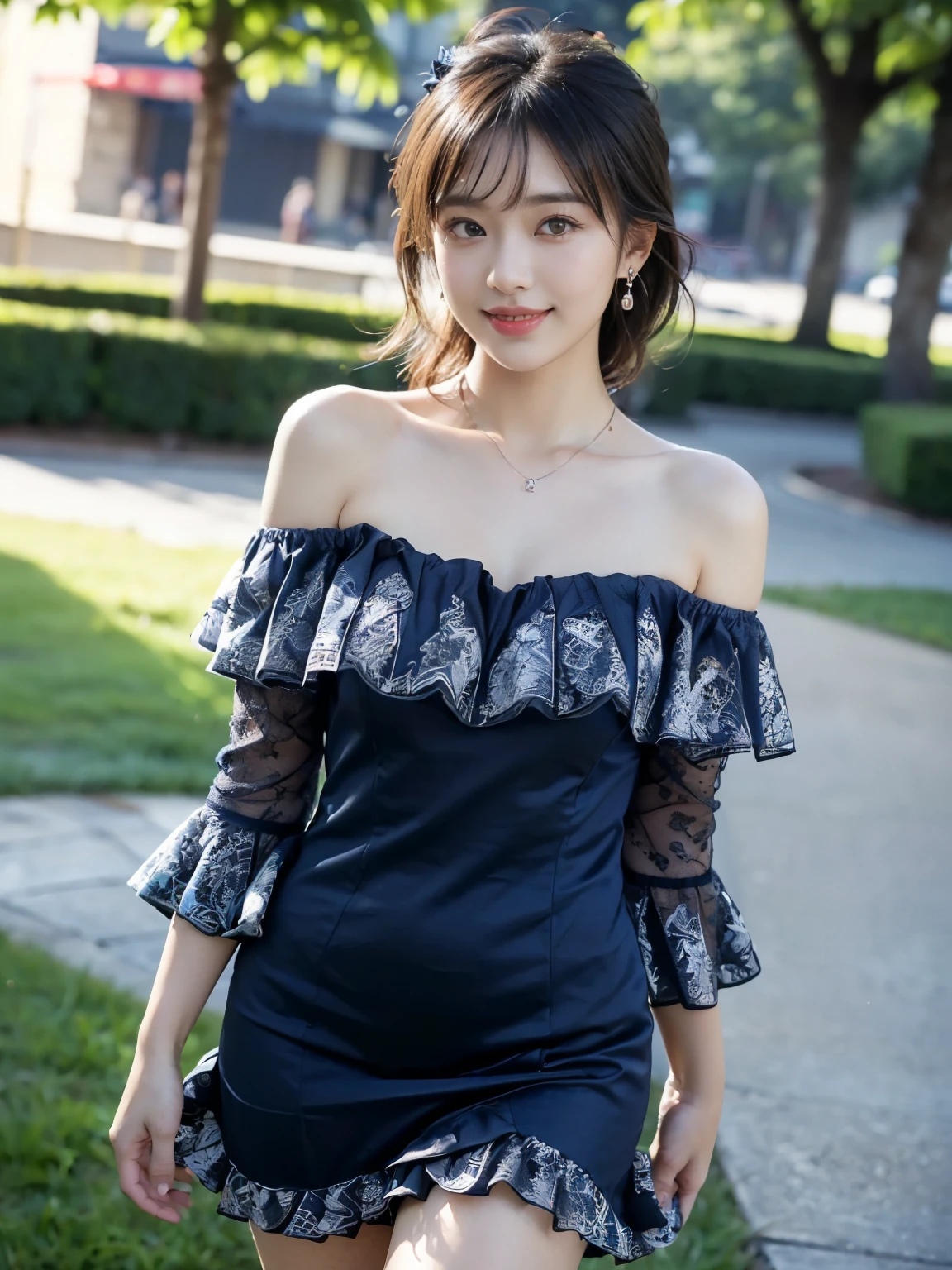 ((((highest quality))))、(((Ultra-precision CG16K wallpaper)))、(((masterpiece)))、(((Super detailed)))、(((super extreme details)))、1people's women、mature woman、24 year old woman、((Japanese face))、((very beautiful face))、((Aimi Higa:1.5))、((straight shoulder length hair))、(shiny brown hair)、bangs up to eyebrows、beautiful brown hair、beautiful delicate eyes、brown eyes、raised eyebrows、high nose、small nostrils、small mouth、seductive lipouth slightly open、beautiful breasts、((C cup size breasts))、cleavage、plump body、(Chubby body type)、perfect proportions、perfect anatomy、perfect composition、beautiful detailed shading、beautiful natural lighting、beautiful detail glow、Depth of the bounds written、(((High chroma)))、(((real:1.9)))、((vivid:1.5))、((edge:1.6))、((beautiful skin))、((skin texture))、((realな皮膚感))、(((cowboy shot、Venus Hill、Thigh:1.5)))、((Low angle view from below front:1.5))、((smile:1.4))、(Eyes looking at me:1.5)、daytime park、bright sunshine、(((lawn square:1.3)))、(model pose:1.5)、(((Navy blue color off shoulder ruffled lace mini dress clothing:1.6)))、((earrings、wearing necklace:1.2))、