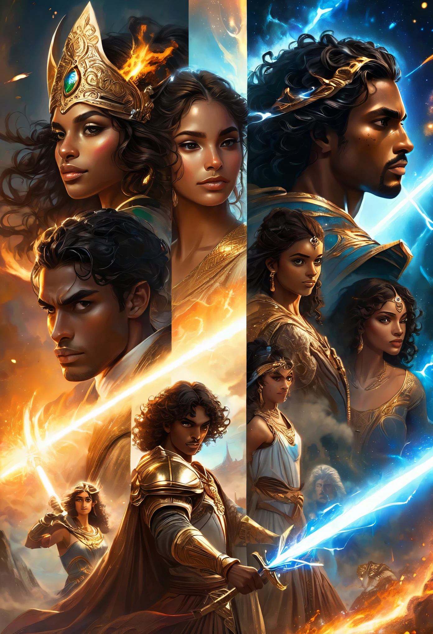 In a celestial landscape, four people dressed luxuous, differents faces, they are all darkskin, (((young, in 20's))) (((two brown skin men and two brown skin woman))), (((two young brown skin long dark hair duke:1.3))), (((one brown skin dark hair pregnant1.5 woman))) and (((one short brown hair woman1.3))), (they are two différent and separate couple1.2). (Two couple of four people:1.2). The first couple is a brown skin duke long dark curly hair with a short dark long hair woman. The second couple is a brown skin duke curly dark hair with a short brown hair woman, (((short dark hair brown skin woman and brownskin:1.5))) trying to kill him with energetic powers,  a gods lances, arcs and lances, dangerous scene, war, battle, chaotic war, destructions, gods war, impressive war
