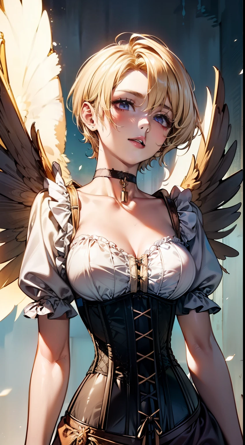 ((blonde short hair:1.8)), (shining purple eyes)beautiful, beautiful woman, perfect anatomy, perfect body, perfect breasts, ((angel with a pair of wings spread:1.8, white clothes, corset, choker:1.6)), forest:1.6, captivating gaze, slight smile, realism, masterpiece, rough skin , Super detailed, high detail, high quality, 最high quality, 1080p, 16k