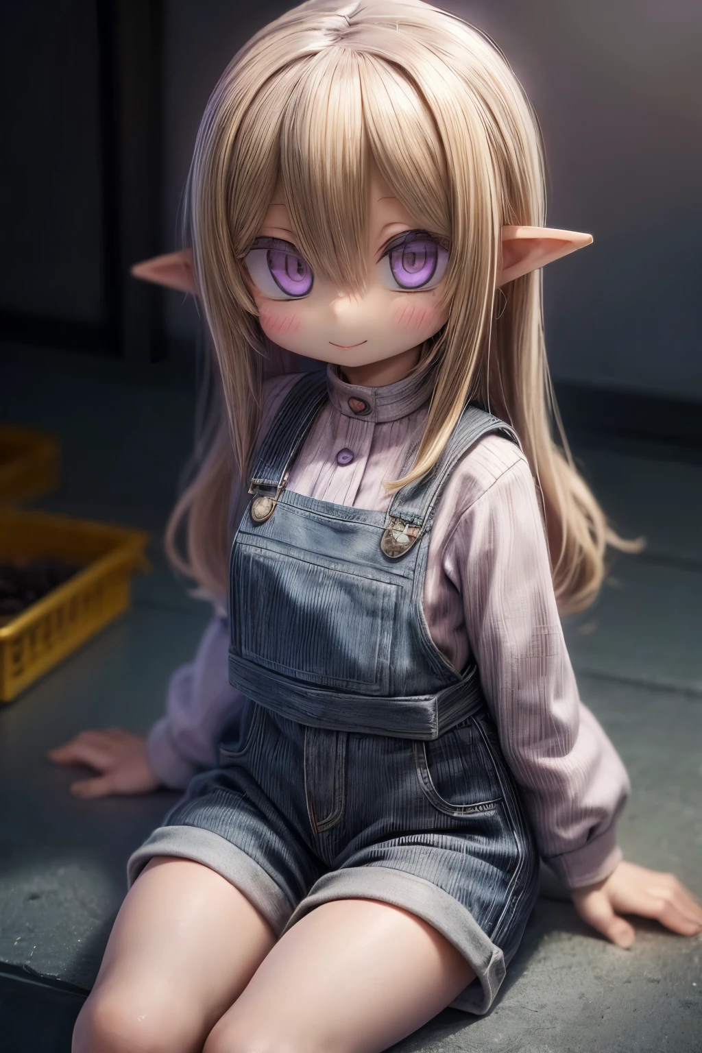 ((Masterpiece)), (Anime:1.3), ((best quality)), (RAW photo:1.2), (High Definition:1.3), (Professional Photography:1.2), (12 years old), (1girl), cute young girl, (Sitting Cute posing:1.4), BREAK, (Happy smile:1.3), (Beautiful purple daiamond eyes:1.5), (dark skin), elf girl, wearing Gray Workwear Coveralls, flat chest, slender waist, BREAK, (hair over eyes:1.2), Silky unruly hair, medium hair, ((blond hair)), wearing Gray Workwear Coveralls, (on the construction site),