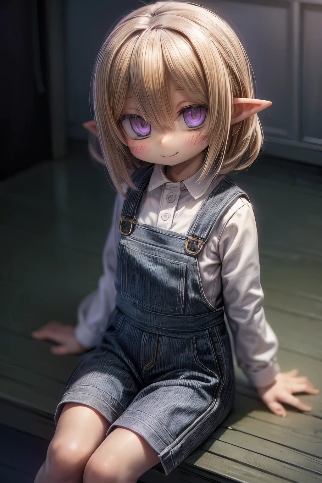 ((Masterpiece)), (Anime:1.3), ((best quality)), (RAW photo:1.2), (High Definition:1.3), (Professional Photography:1.2), (12 years old), (1girl), cute young girl, (Sitting Cute posing:1.4), BREAK, (Happy smile:1.3), (Beautiful purple daiamond eyes:1.5), (dark skin), elf girl, wearing Gray Workwear Coveralls, flat chest, slender waist, BREAK, (hair over eyes:1.2), Silky unruly hair, medium hair, ((blond hair)), wearing Gray Workwear Coveralls, (on the construction site),