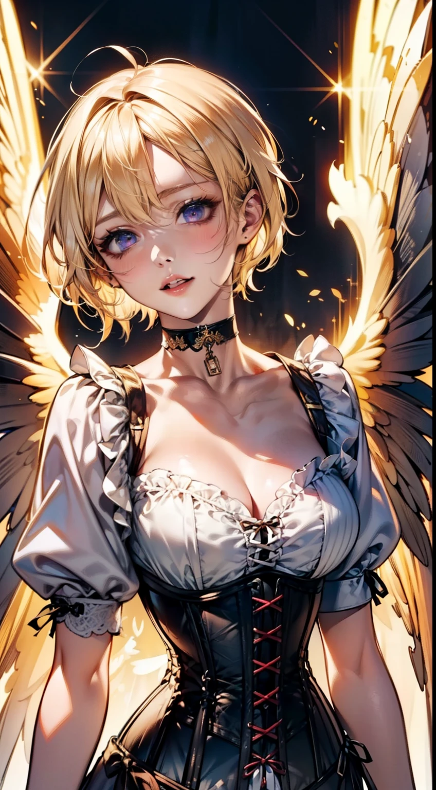 ((blonde short hair:1.8)), (shining purple eyes)beautiful, beautiful woman, perfect anatomy, perfect body, perfect breasts, ((angel with a pair of wings spread:1.8, white clothes, corset, choker:1.6)), forest:1.6, captivating gaze, slight smile, realism, masterpiece, rough skin , Super detailed, high detail, high quality, 最high quality, 1080p, 16k