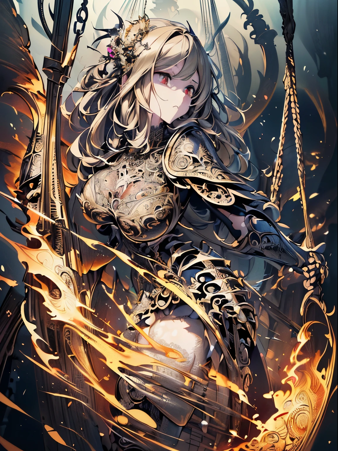 ((highest quality)),(超A high resolution),(Super detailed),(detailed description),((best anime)),(best work of art),(super precision art),(great drawing art,Overwhelming descriptive power:1.5),(intricate and detailed art:1.6), (adult woman:1.5),(hanging:1.6),While watching this:1.4,sneer:1.5,(armor shaped like a skeleton:1.3), (black flame:1.5)