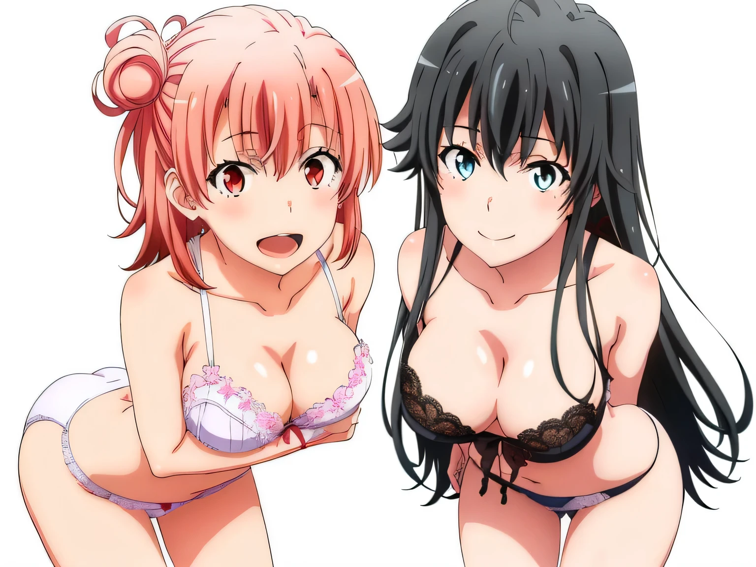 ((2 girls:1.0)), (Yuigahama Yui shapely breasts),(Yukinoshita Yukino),no background,In underwear,,Ribbon on panties,pink silk panties,white silk panties,belly button,thighs,knees,calf,front,looking at camera,(high angle),open your mouth,smile,Panoramic view of the head,beautiful eyes