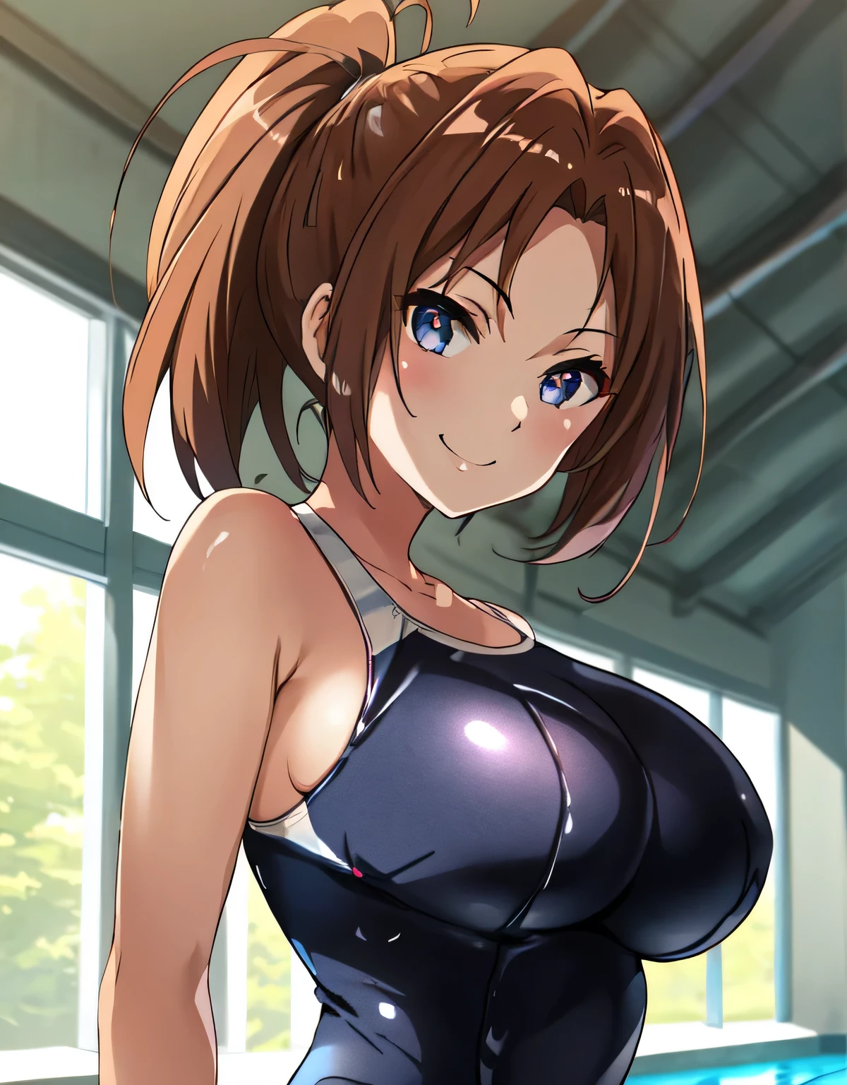 (big breasts:1.5),looking at the viewer,Are standing,(((masterpiece))),((highest quality)),perfect anatomy,8k UHD,highly detailed face,shiny and glossy,((1 girl)),((alone)),(detailed and beautiful eyes:1.5),perfect image,(Upper body:1.1),(look ahead:1.1),turn your arms behind your back,slim waist,(shiny hair),super detailed,disorganized,(shiny school swimwear),smile,sensensitive smile,indoor pool,school swimwear,indoor,