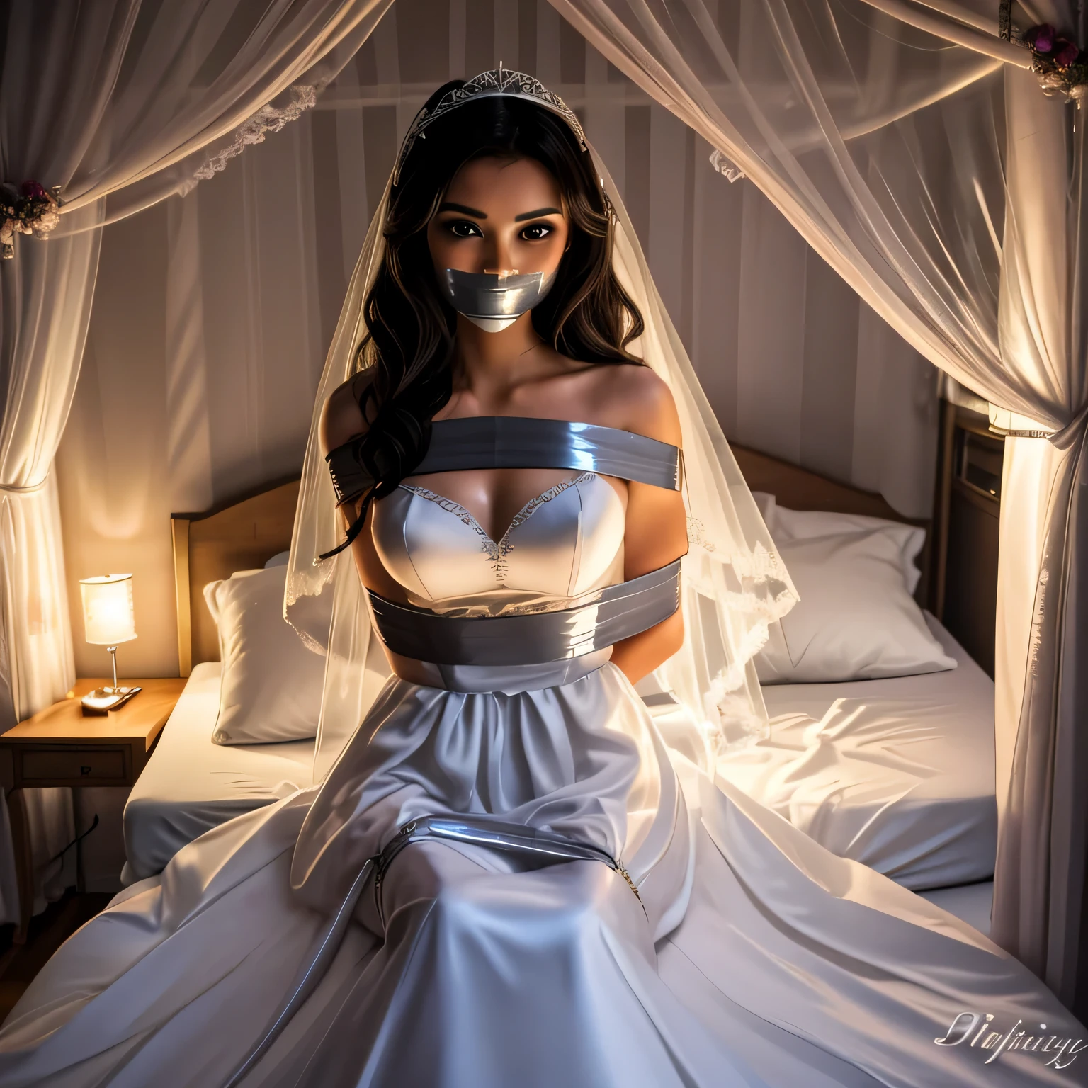 (bright lighting,romantic setting),bride captured, dreamy background,bondage,dark hair, mesmerizing gaze, , soft skin, alluring beauty, artistic portrait, high-quality image, vibrant colors, long silk gown, in the bed,tape bondage,tape gag, mosquito net, bridal