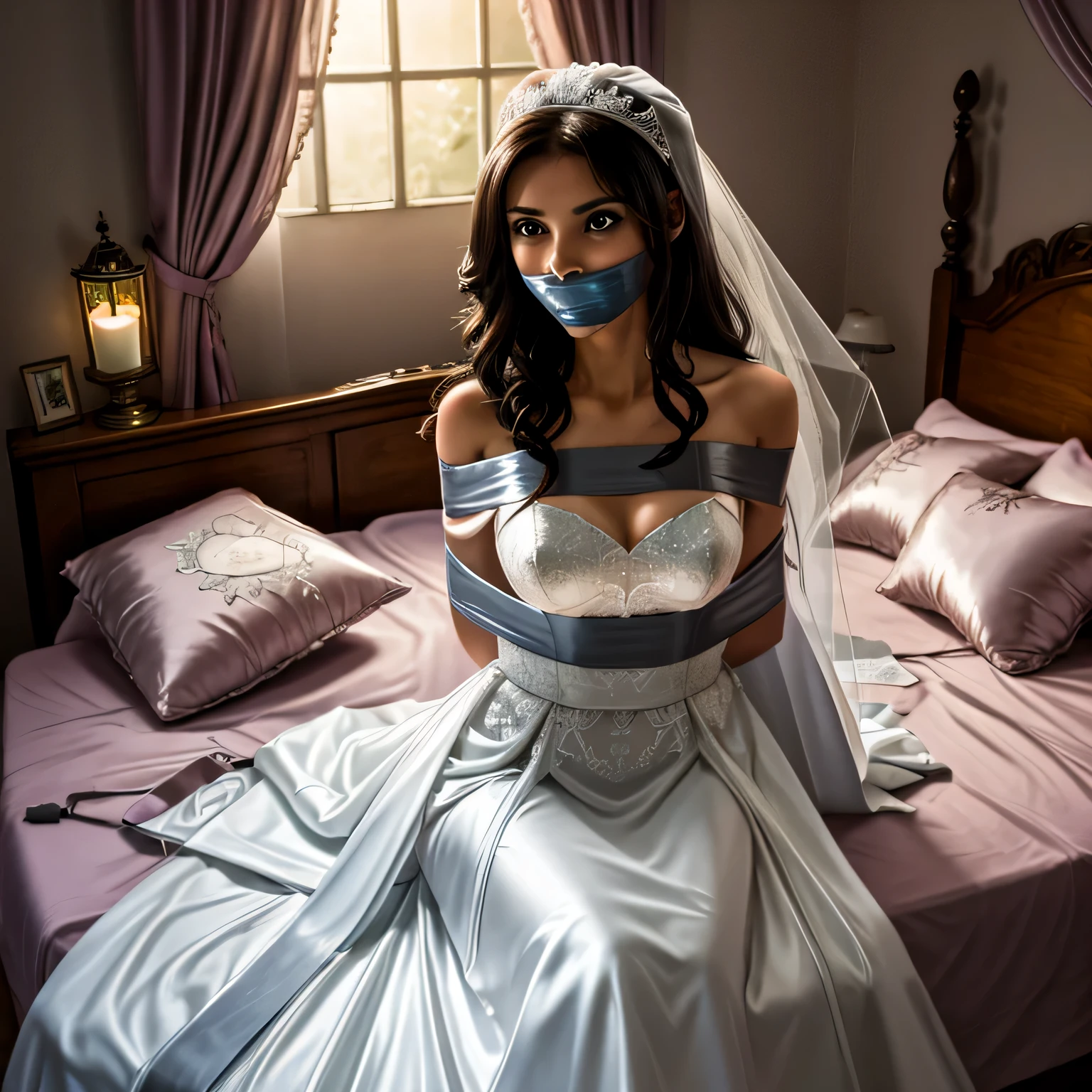 (bright lighting,romantic setting),bride captured, dreamy background,bondage,dark hair, mesmerizing gaze, , soft skin, alluring beauty, artistic portrait, high-quality image, vibrant colors, long silk gown, in the bed,tape bondage,tape gag, mosquito net, bridal